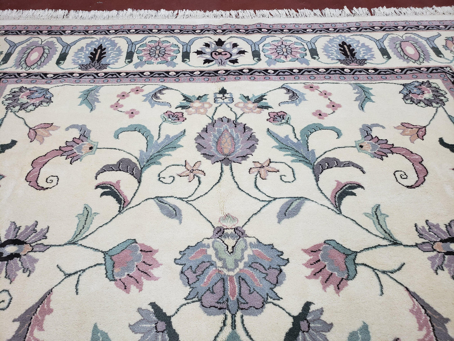 Ivory & Teal Indo Persian Area Rug 9x12, Wool Hand-Knotted Oriental Carpet, 9 x 12 Soft Traditional Living Room Rug, Dining Room Rug - Nuvé