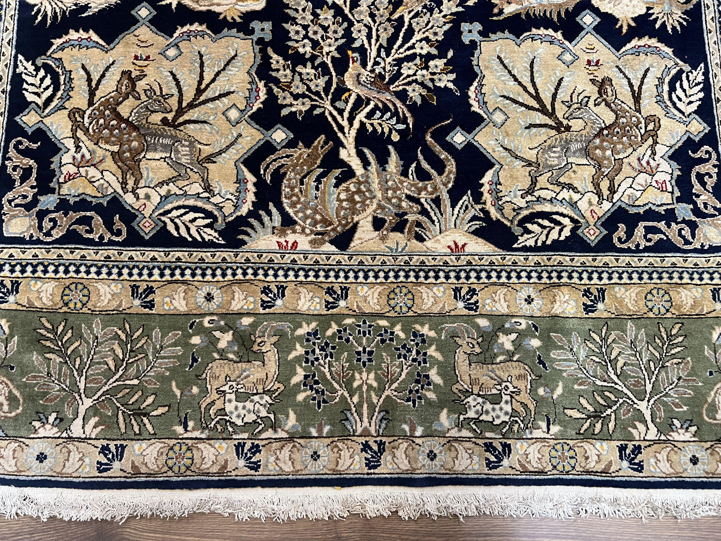 Wonderful Persian Qum Rug 6x9, Animal Pictorials, Tree of Life, Deer Birds, Hand Knotted Oriental Ghom Carpet, Semi Antique Vintage, Navy Blue Green - Nuvé