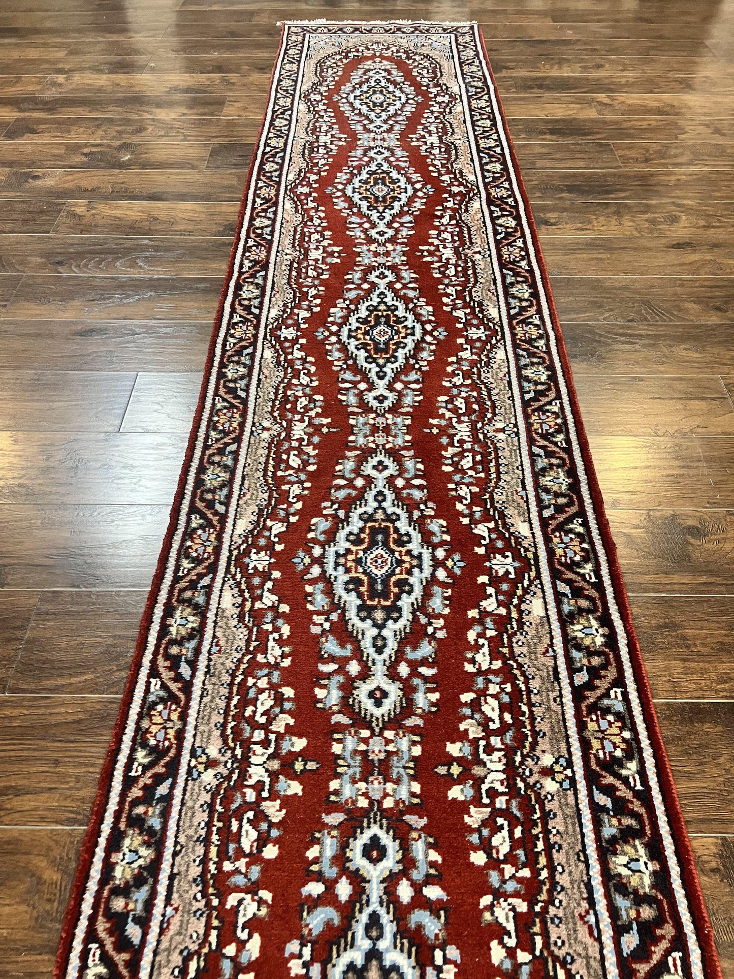 Indo Persian Runner Rug 2.8 x 14.8, Long Indo Kirman Hallway Rug, Red Floral Wool Vintage Handmade Oriental Runner - Nuvé