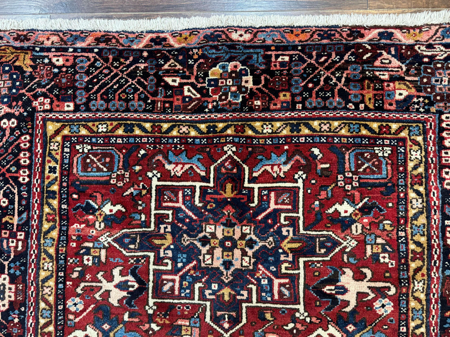 Persian Karajeh Rug 5x6, Antique Heriz Carpet, Geometric, Persian Tribal Rug, Brick Red Navy Blue - Nuvé