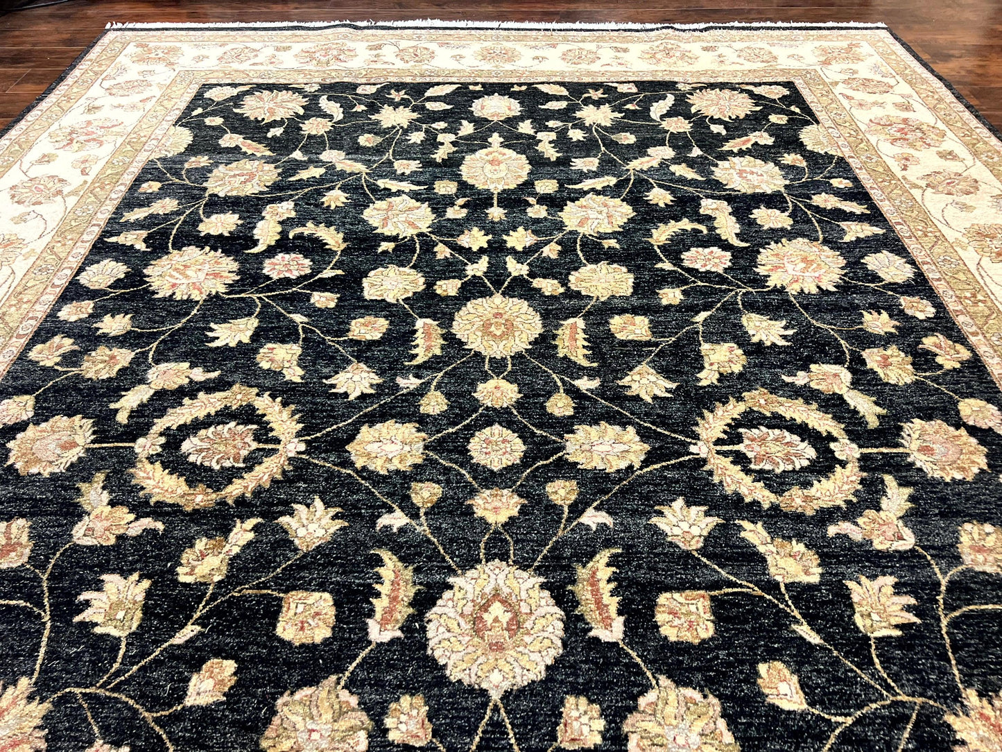 Indo Persian Rug 10x14, Charcoal and Beige, Floral Allover, Handmade Vintage Wool Carpet - Nuvé
