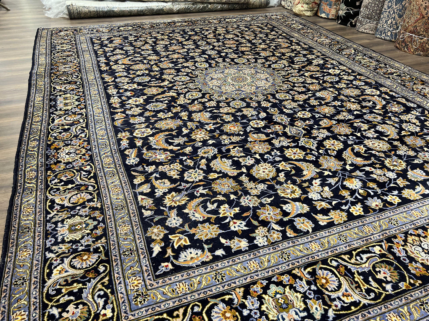 Wonderful Navy Blue Persian Kashan Rug 11x13, Allover Floral Design with Central Medallion, Wool Hand-Knotted Antique Carpet, Signed Rabani Rug - Nuvé
