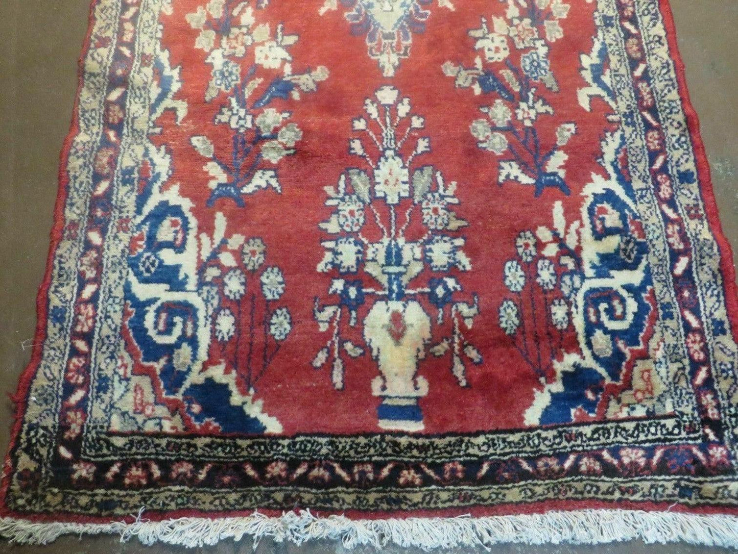 Persian Runner Rug 3 x 12, Antique Wool Oriental Runner, Floral Vases, Red & Navy Blue - Nuvé