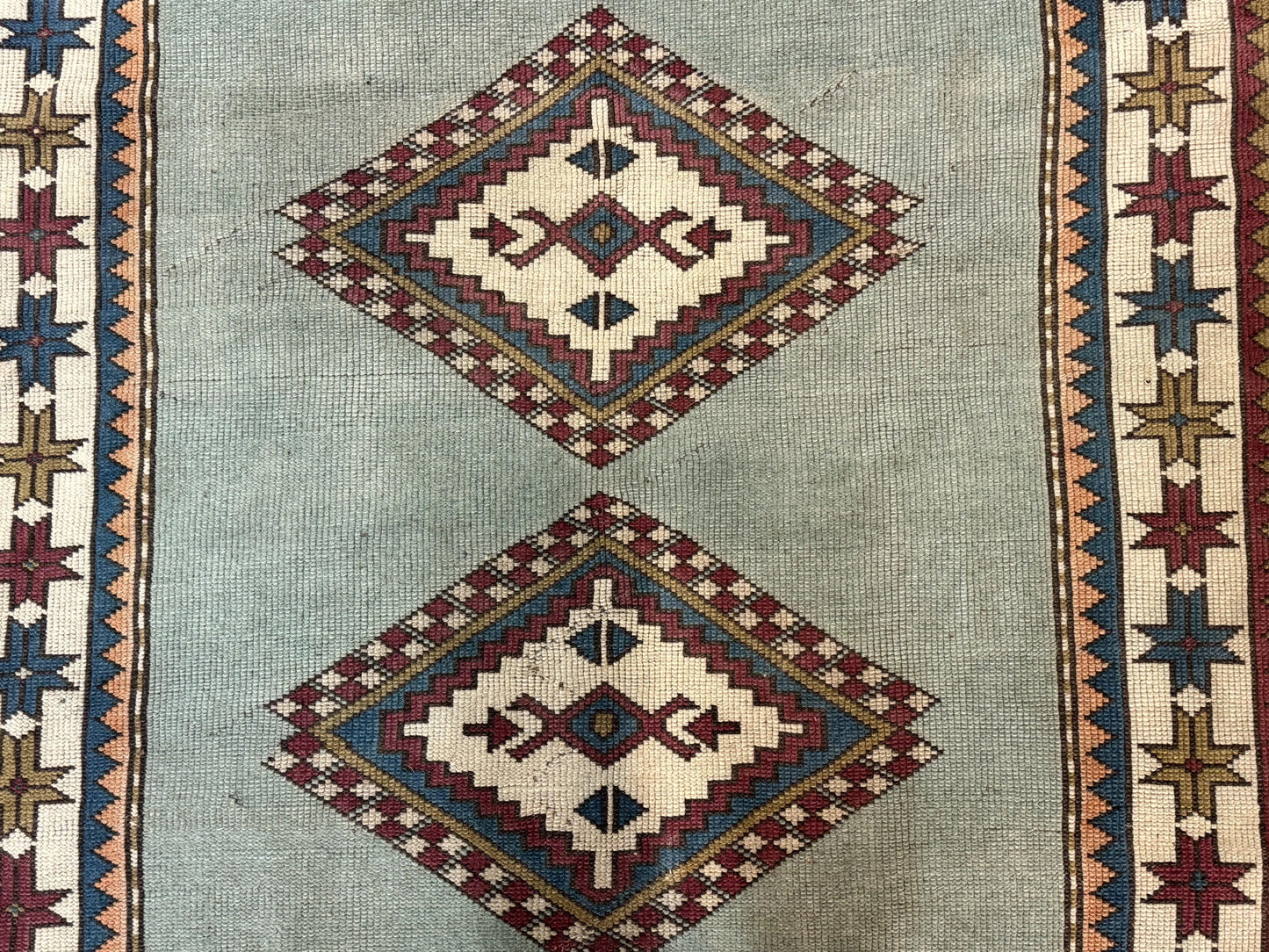 Turkish Kazak Rug 4x6, Geometric Medallion, Caucasian Design Rug, Semi Antique Vintage, Mint Green Maroon Ivory - Nuvé