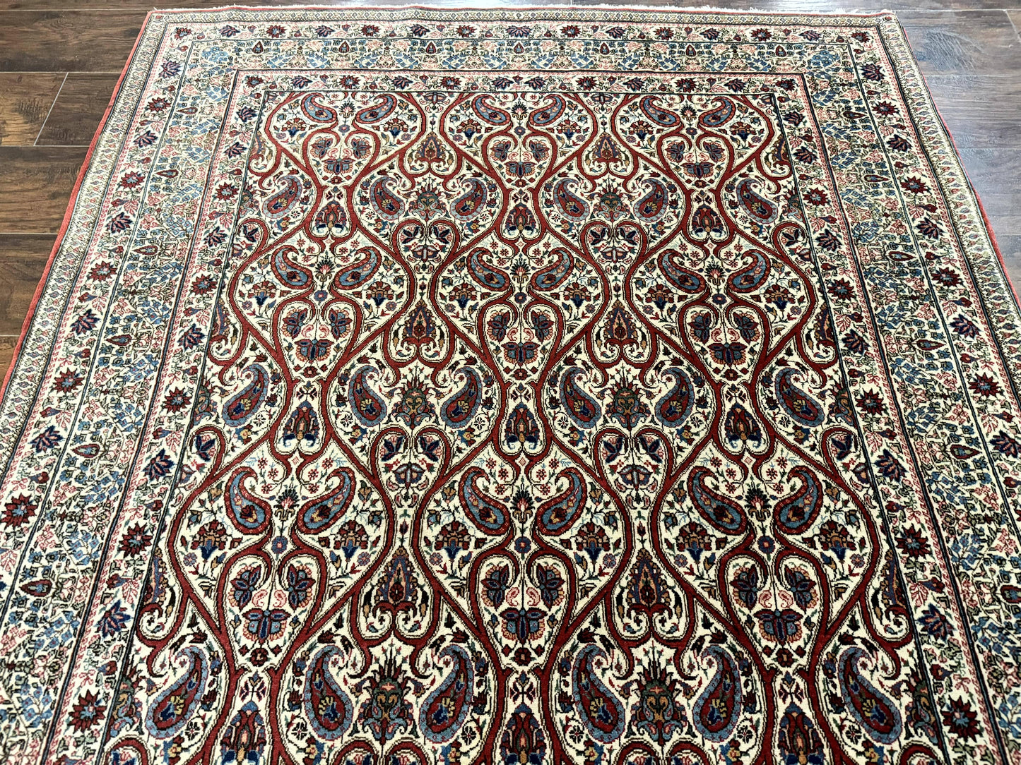Unique Persian Qum Rug 5x7, Repeated Paisely Boteh Design, Ivory Red Blue, Handmade Antique Wool Persian Carpet, Finely Hand Knotted - Nuvé