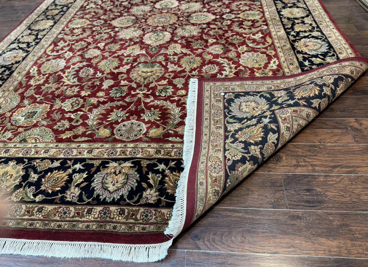 Indian Agra Rug 10x14, Traditional Oriental Carpet, Room Sized Wool Area Rug, Floral, Maroon - Nuvé