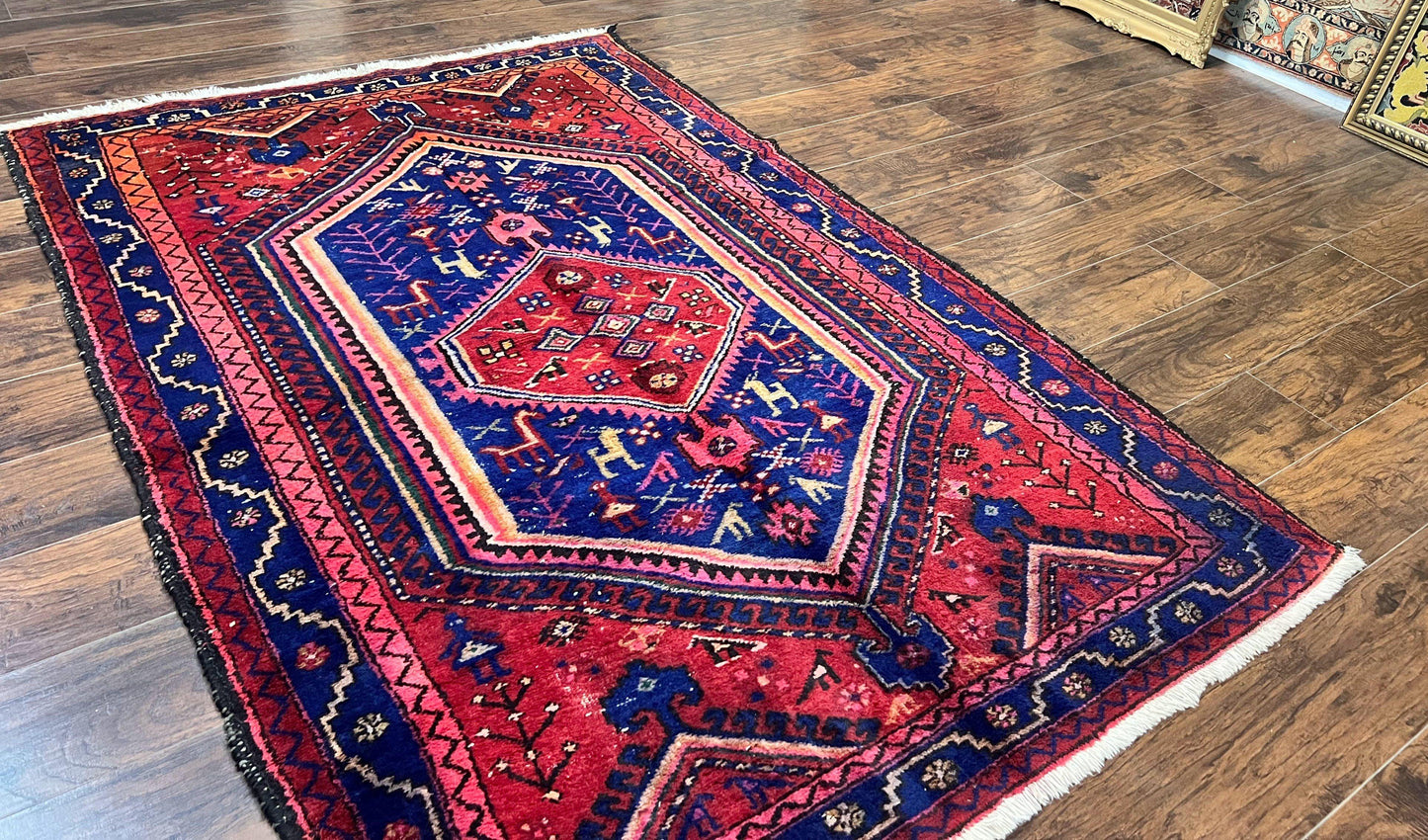 Persian Tribal Rug 5x7, Wool Handmade Vintage Hamadan Nahavand Carpet, Red & Navy Blue, Animal Motifs, Geometric Oriental Rug 5 x 7 - Nuvé