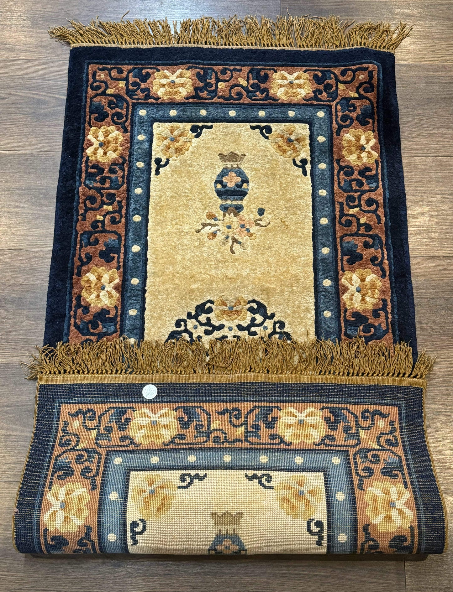 Silk Chinese Rug 2x4, Peking Carpet, Golden-Beige and Blue, Hand Knotted, Simple Design - Nuvé