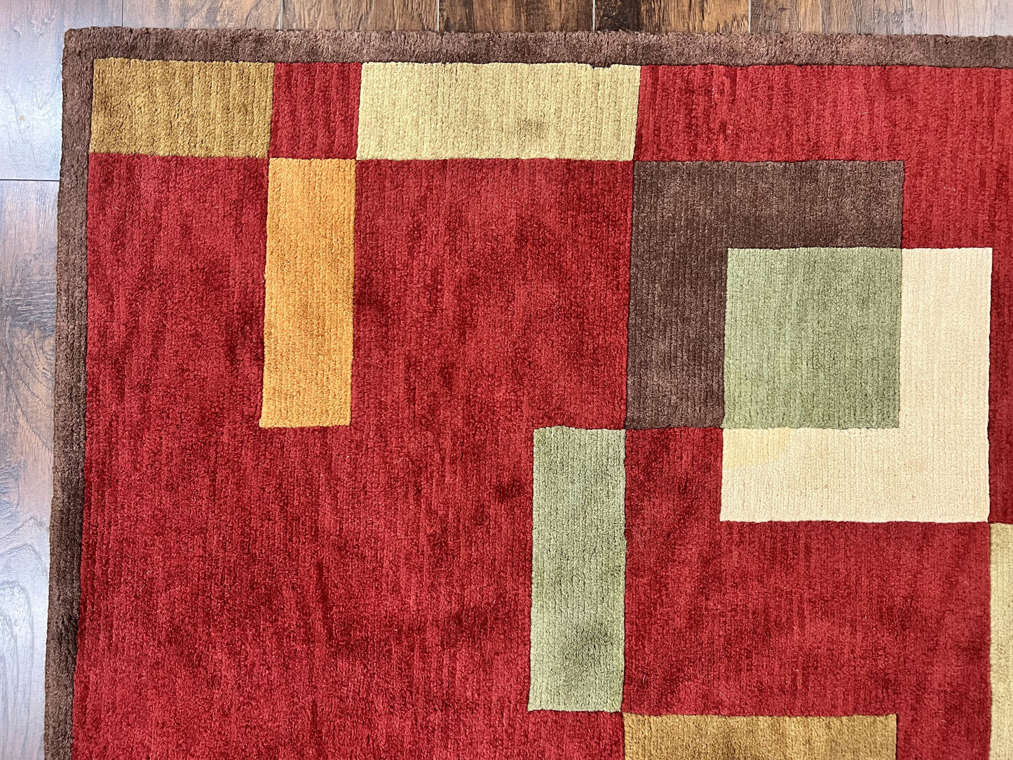 Indo Tibetan Modern Rug 5x8, Abstract Rug 5 x 8 ft, Red Multicolor Wool Handmade Contemporary Area Rug - Nuvé
