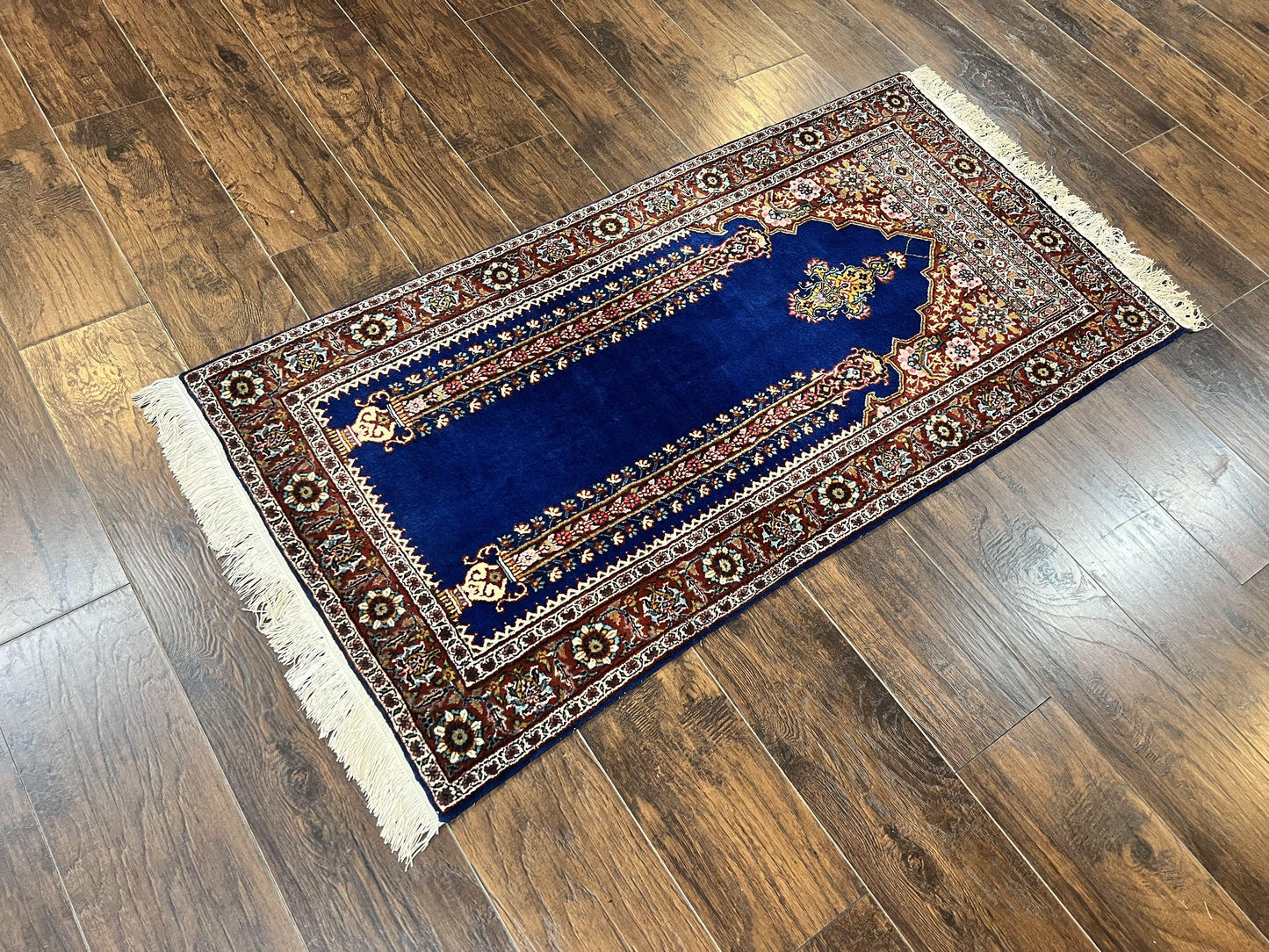 Indo Persian Prayer Rug 3x5, Fine Oriental Carpet, Dark Blue and Red, Vintage Hand Knotted Handmade Prayer Rug - Nuvé