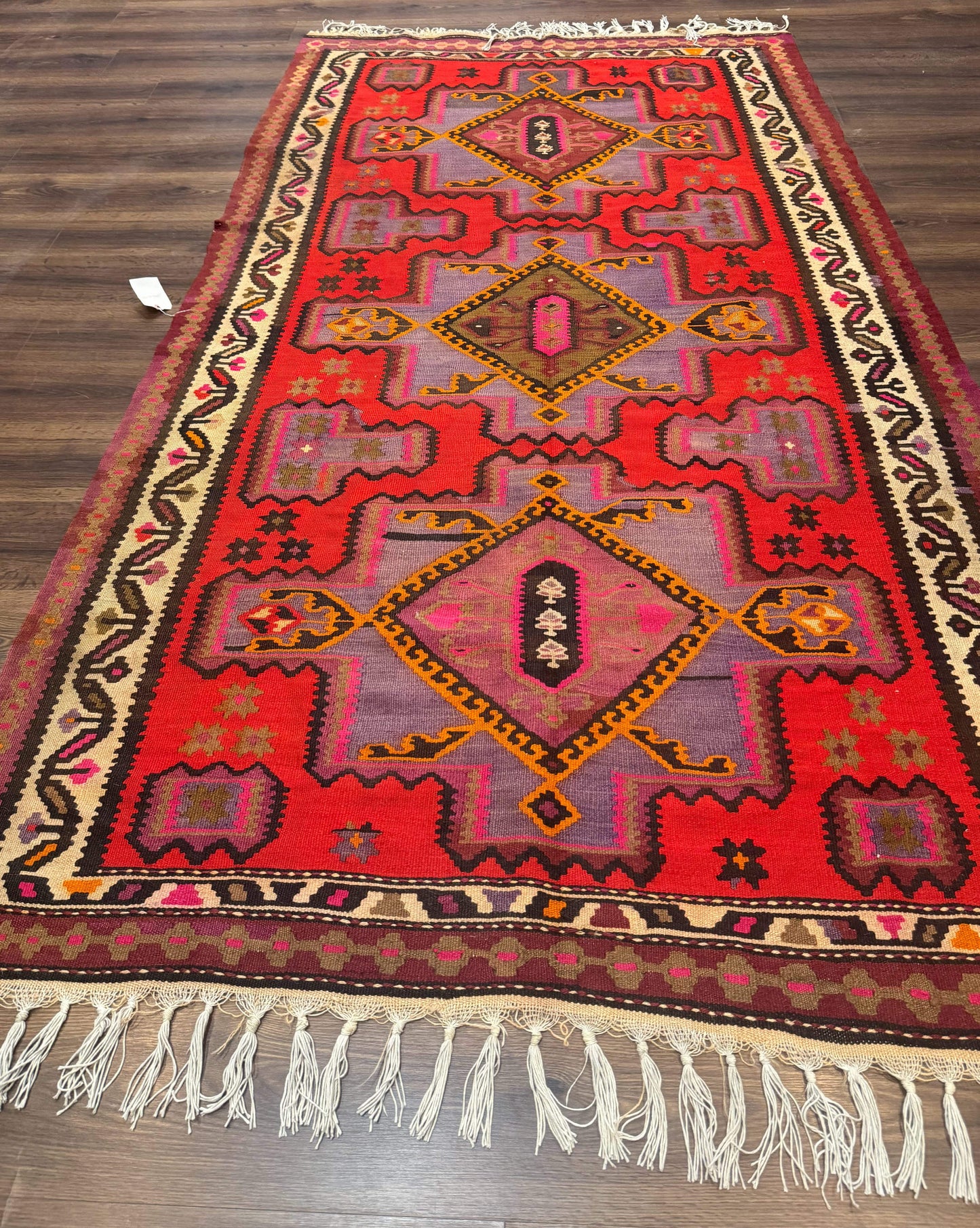 Persian Kurdish Zarand Kilim Rug 5x9, Red, Geometric Medallions, Wide Runner - Nuvé