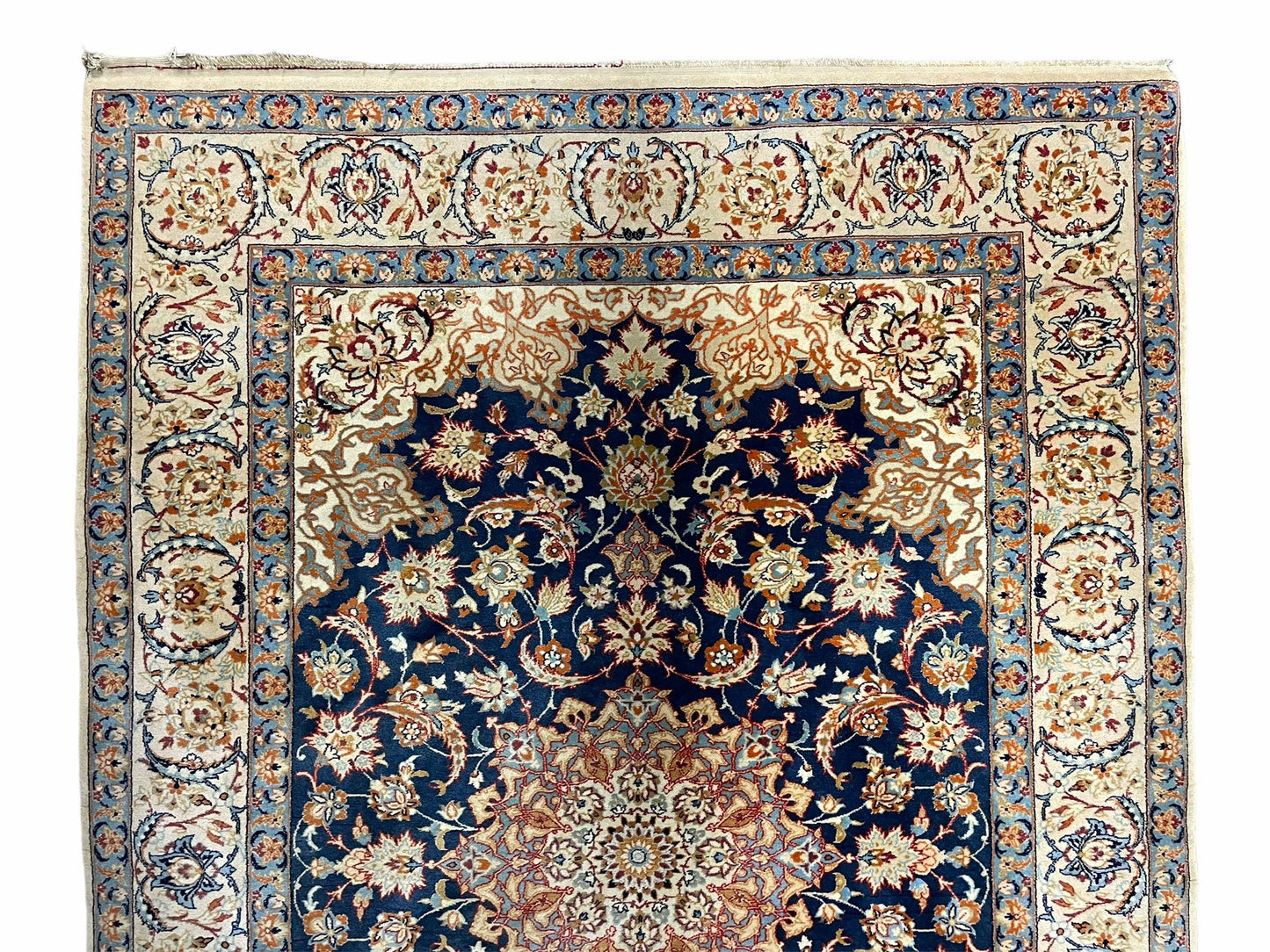 Persian Isfahan Rug 4x5, Navy Blue & Ivory, Wool and Silk Highlights - Nuvé