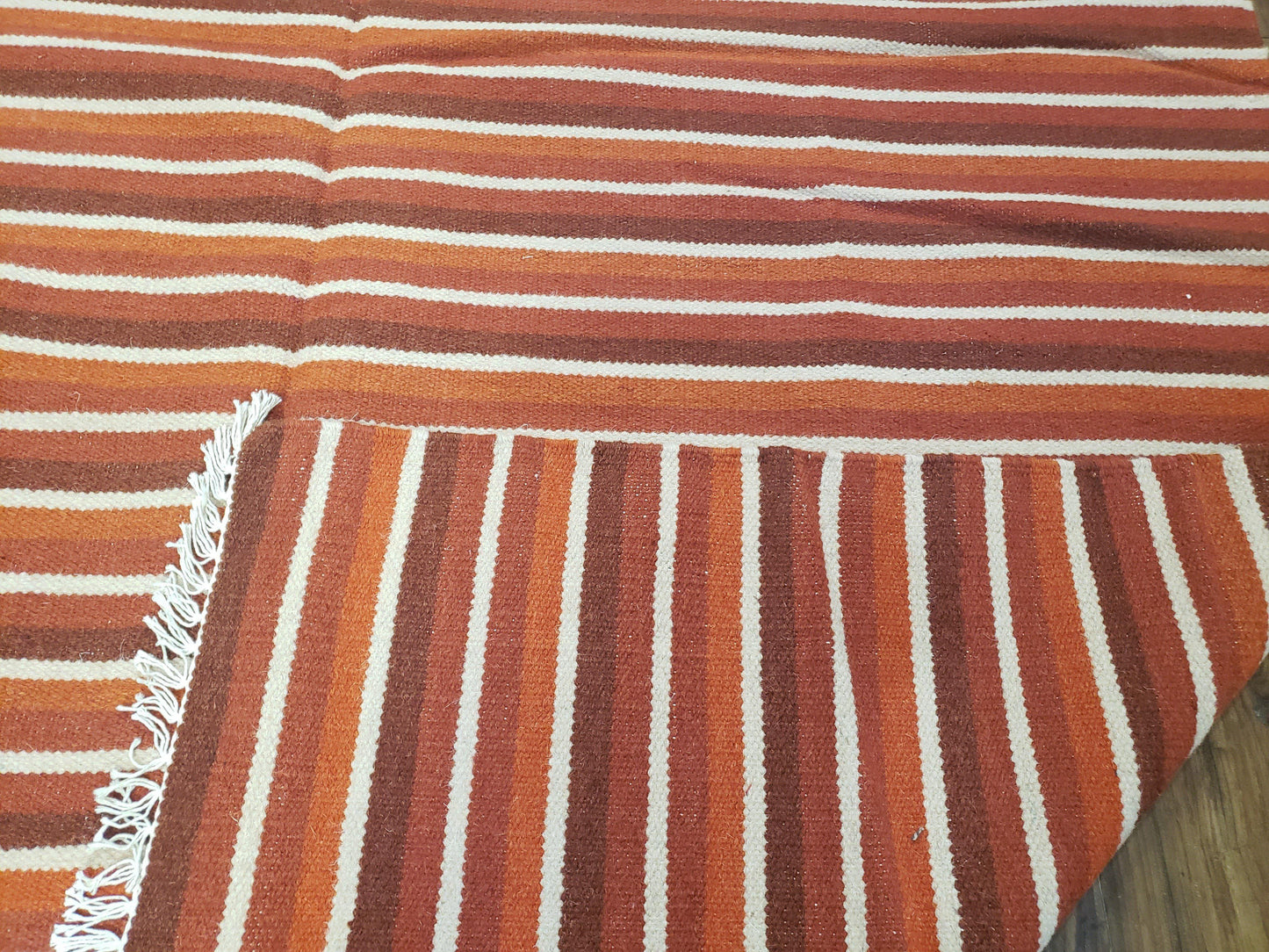 Large Striped Woolen Handmade Throw Blanket, Twin Size Bedding Hand-Woven, Indian Kilim Area Rug, 6x8 - 7x8, South American Style Textile - Nuvé