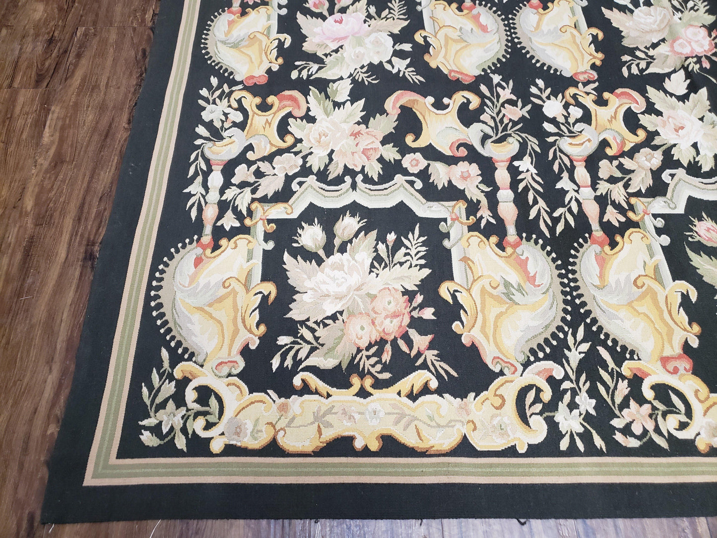 Vintage Black Aubusson Area Rug 8x10, Large Flowers Chinese Aubusson Carpet 7.9 x 10, Wool Hand-Knotted Floral Pattern Flat Weave Rug Nice - Nuvé