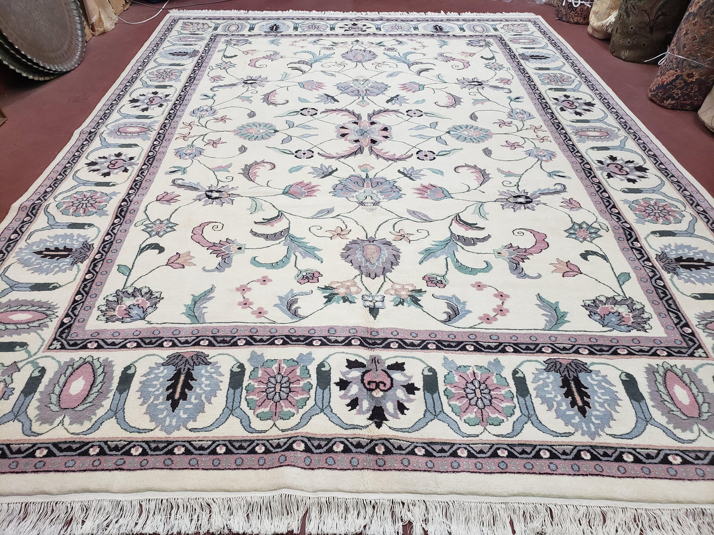 Ivory & Teal Indo Persian Area Rug 9x12, Wool Hand-Knotted Oriental Carpet, 9 x 12 Soft Traditional Living Room Rug, Dining Room Rug - Nuvé