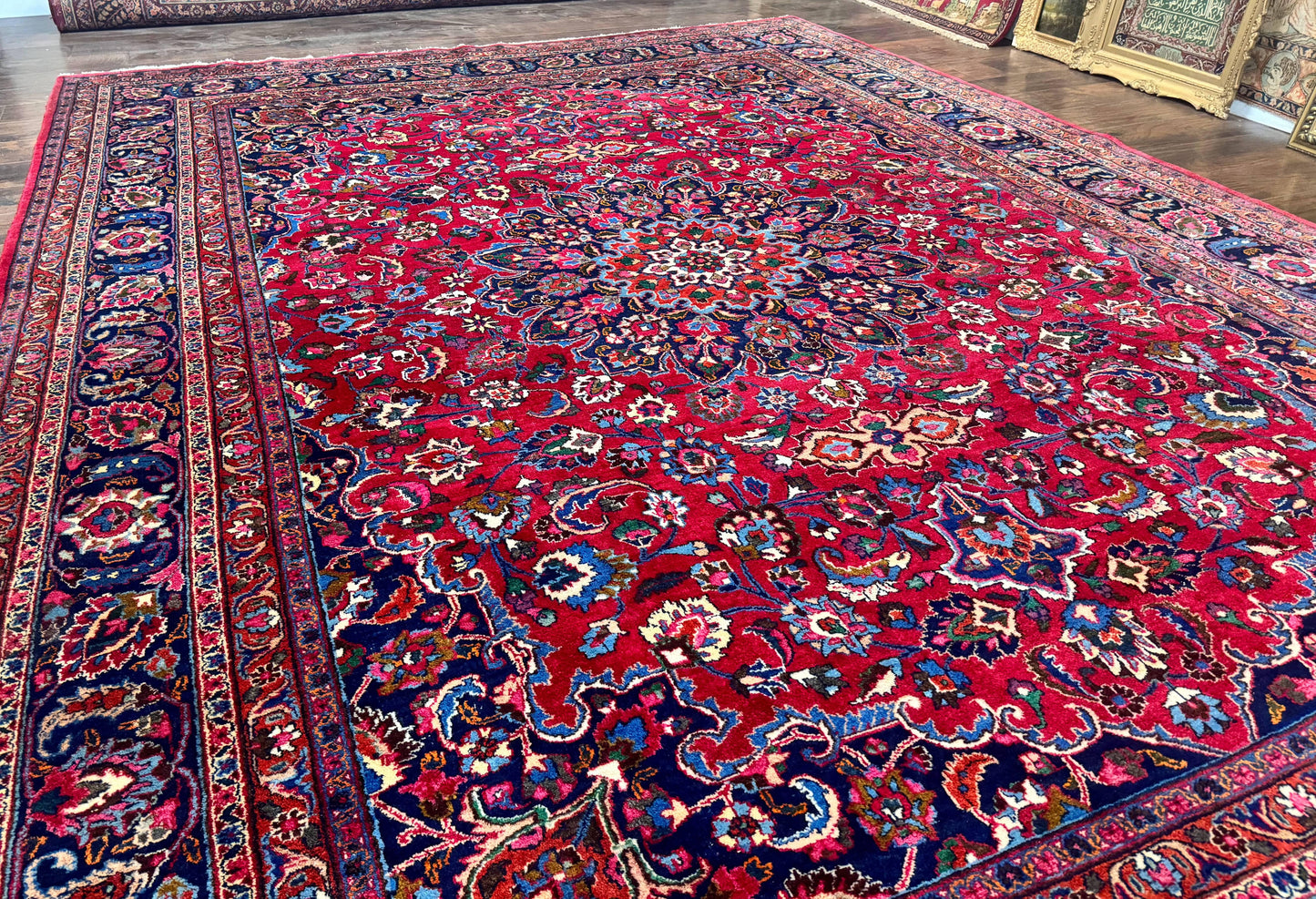 Antique Persian Mashad Rug 10x13, Red and Navy Blue, Great Colors, Signed By Masterweaver, Floral Medallion, Handmade Wool Persian Carpet - Nuvé