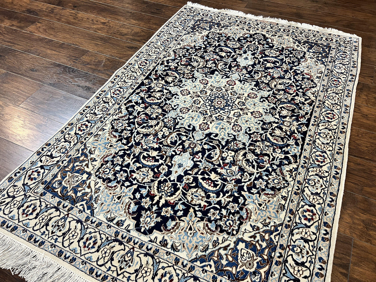 Persian Nain Rug 4x6, Floral, Hand Knotted Vintage Wool & Silk Highlights, Signature from Masterweaver, Navy Blue and Ivory - Nuvé