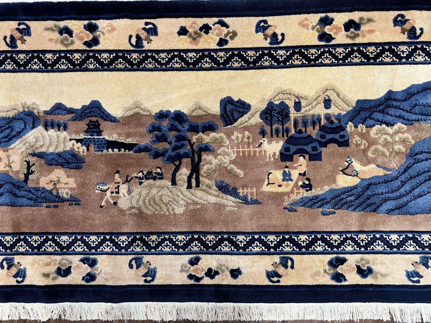 Antique Chinese Pictorial Rug 2.7 x 5, Chinese Village and Hills Carpet, Beige and Dark Blue, Handmade, Horizontal Rug Wall Hanging Tapestry - Nuvé