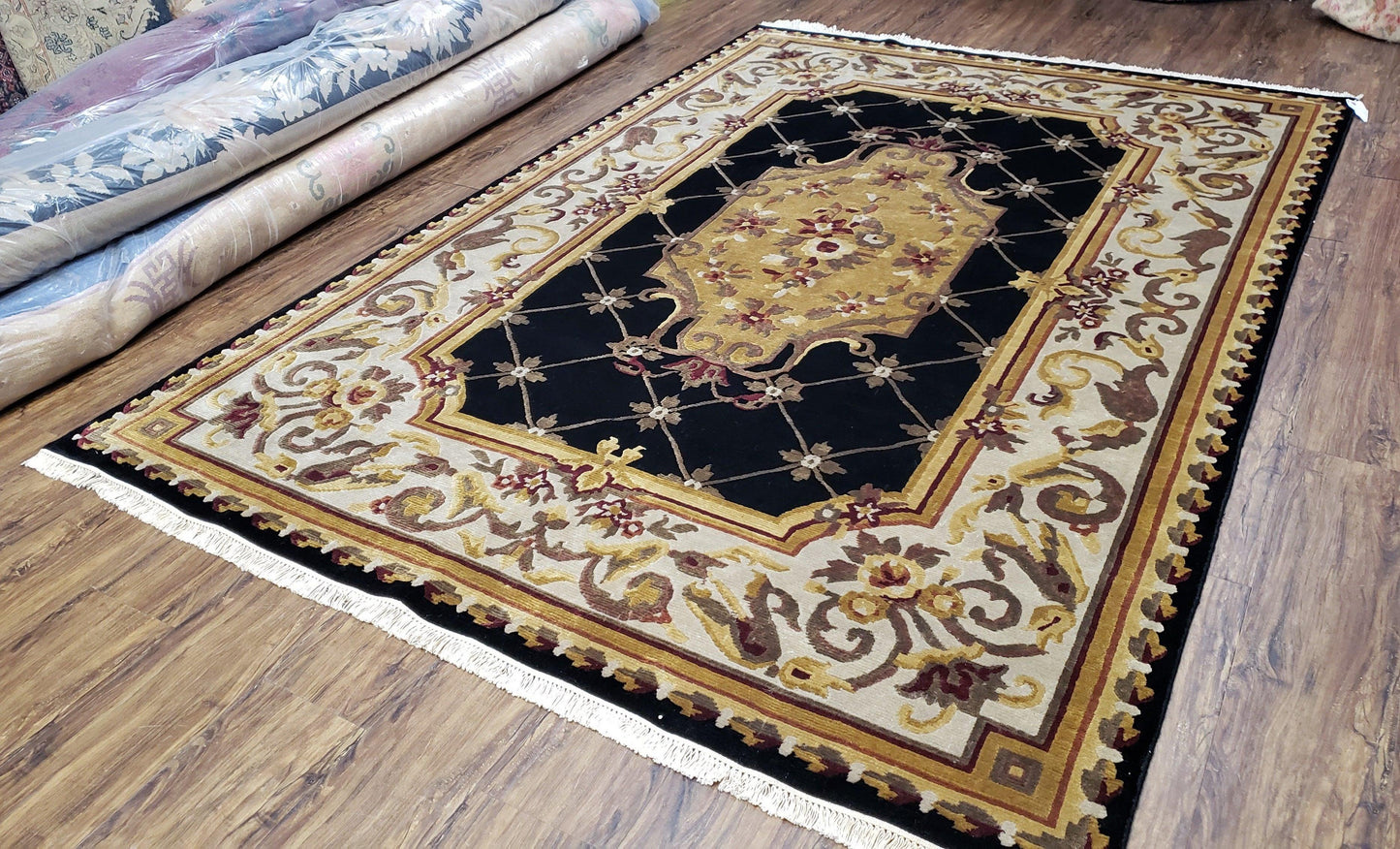 6x9 Nepalese Rug, Aubusson Savonnerie Area Rug 6 x 9 with Soft Pile, Hand-Knotted Wool Black & Beige Tibetan New Carpet European Design - Nuvé