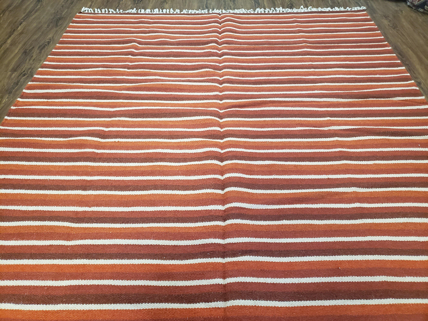 Large Striped Woolen Handmade Throw Blanket, Twin Size Bedding Hand-Woven, Indian Kilim Area Rug, 6x8 - 7x8, South American Style Textile - Nuvé
