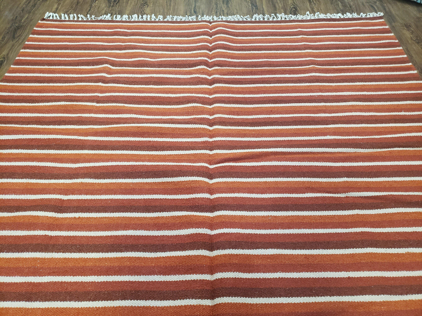 Large Striped Woolen Handmade Throw Blanket, Twin Size Bedding Hand-Woven, Indian Kilim Area Rug, 6x8 - 7x8, South American Style Textile - Nuvé