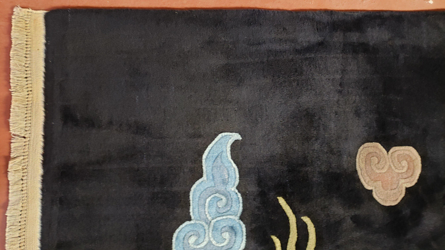 Rare Antique Chinese Art Deco Rug 6x9 with Dragon, Black Chinese Carpet 6 x 9, Hand Knotted Wool Area Rug - Nuvé