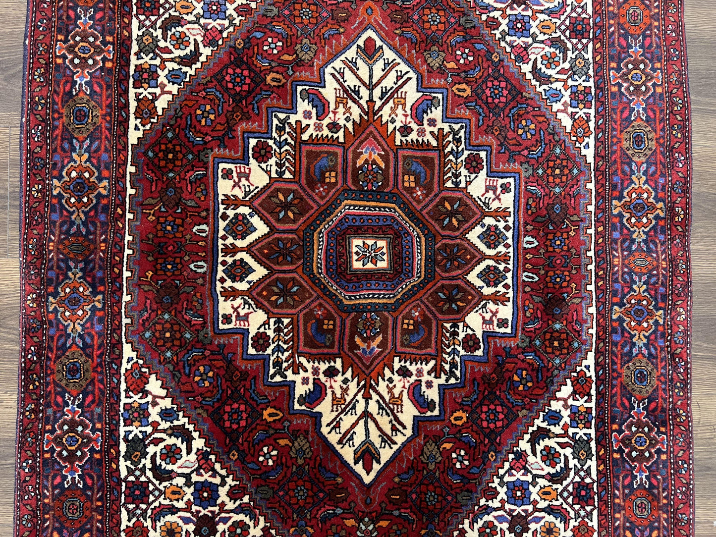 Fine Persian Bidjar Rug 3x5, Geometric Medallion Oriental Bijar Carpet 3 x 5 ft, Ruby Red and Cream, Hand Knotted Wool Rug, Semi Antique Tribal Rug, Nice - Nuvé