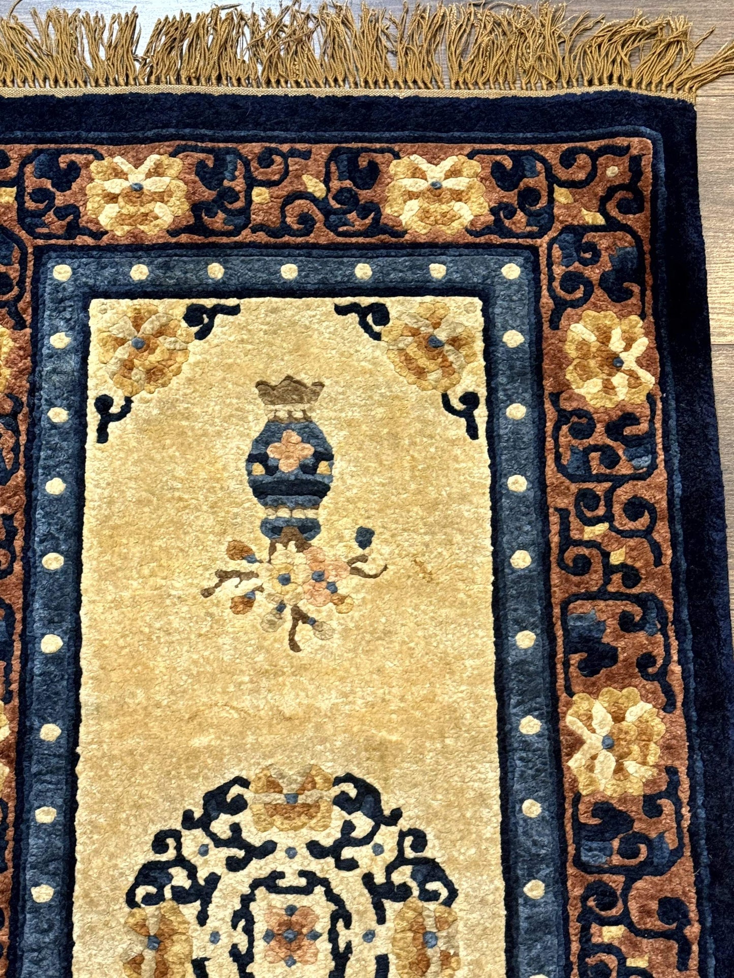 Silk Chinese Rug 2x4, Peking Carpet, Golden-Beige and Blue, Hand Knotted, Simple Design - Nuvé