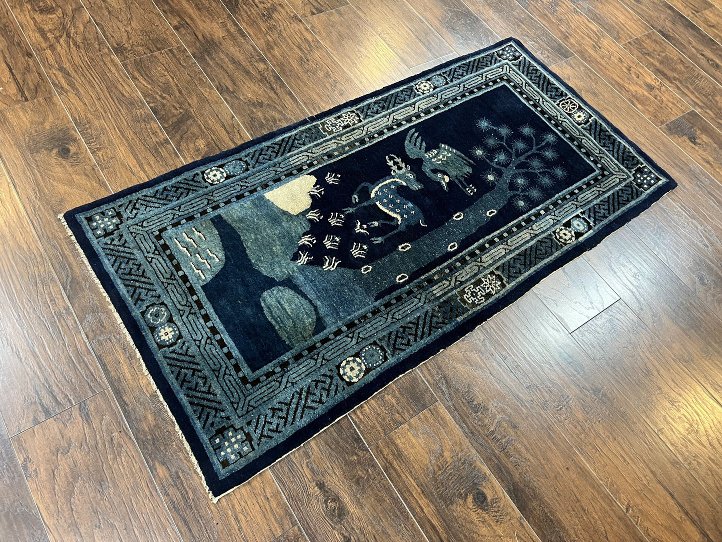 Antique Chinese Peking Rug 3x5, Dark Blue Chinese Wool Rug 3 x 5, Animal Pictorials Deer Birds, Handmade Asian Oriental Chinese Carpet - Nuvé