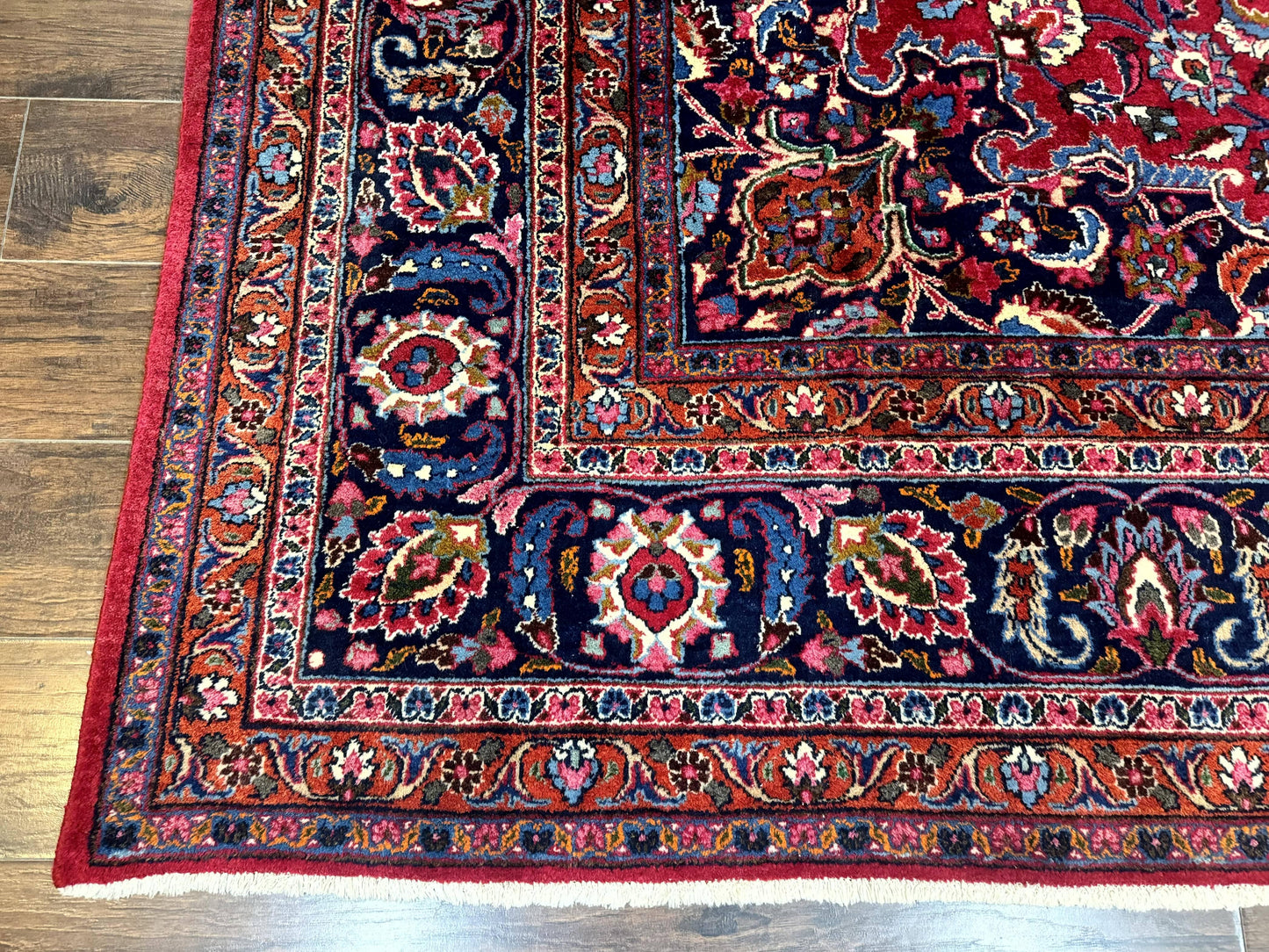 Antique Persian Mashad Rug 10x13, Red and Navy Blue, Great Colors, Signed By Masterweaver, Floral Medallion, Handmade Wool Persian Carpet - Nuvé