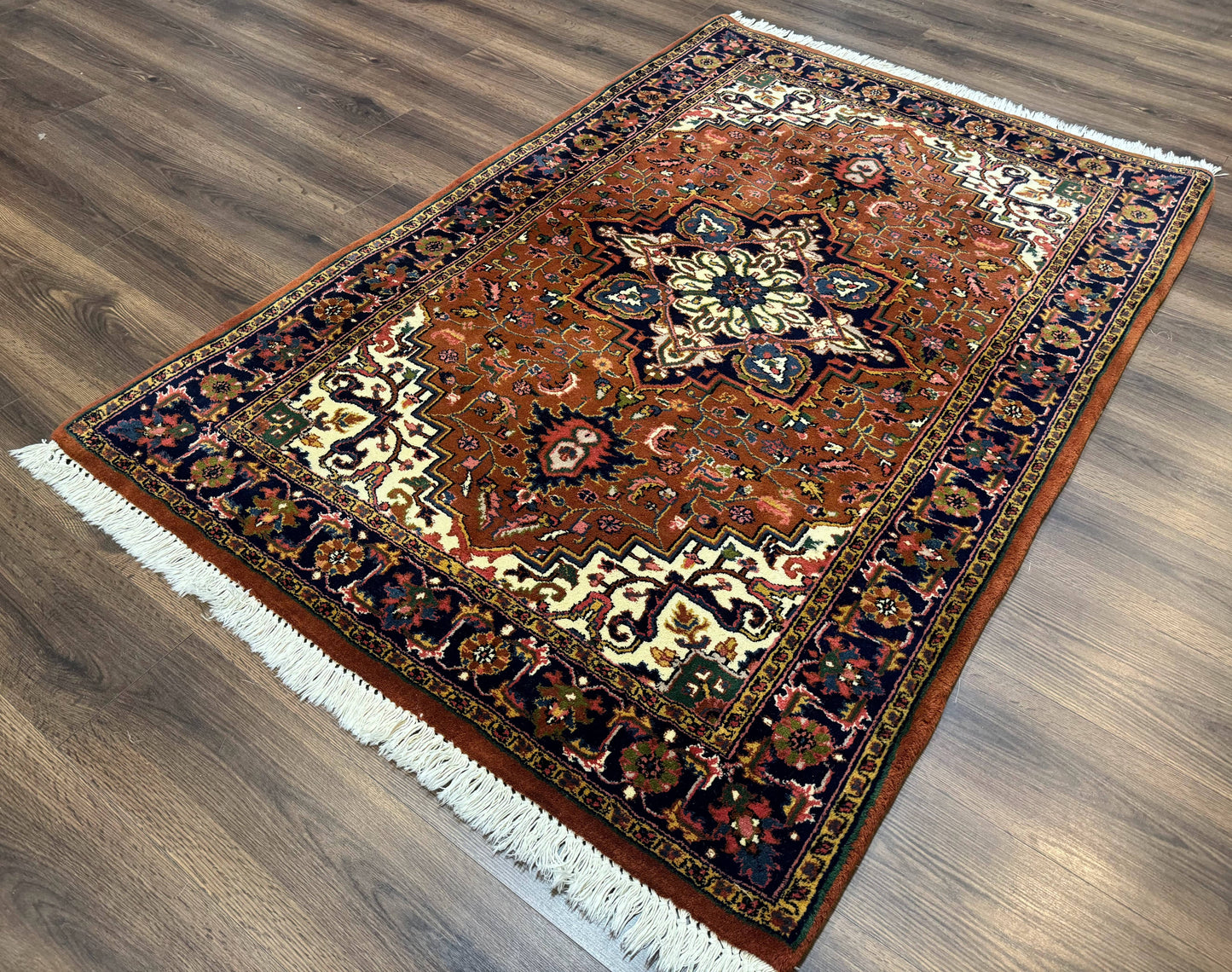 Indo Persian Heriz Rug 4x6, Rust Red Navy Blue and Cream - Nuvé