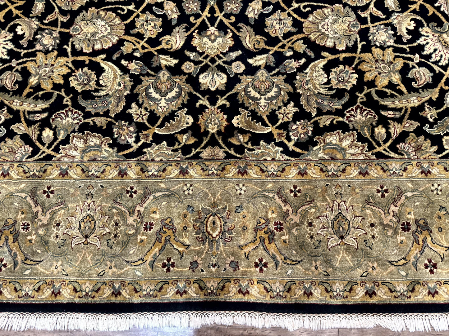 Indo Persian Rug 8x10, Black and Green, Wool, Handmade, Traditional, Floral Allover, Vintage - Nuvé