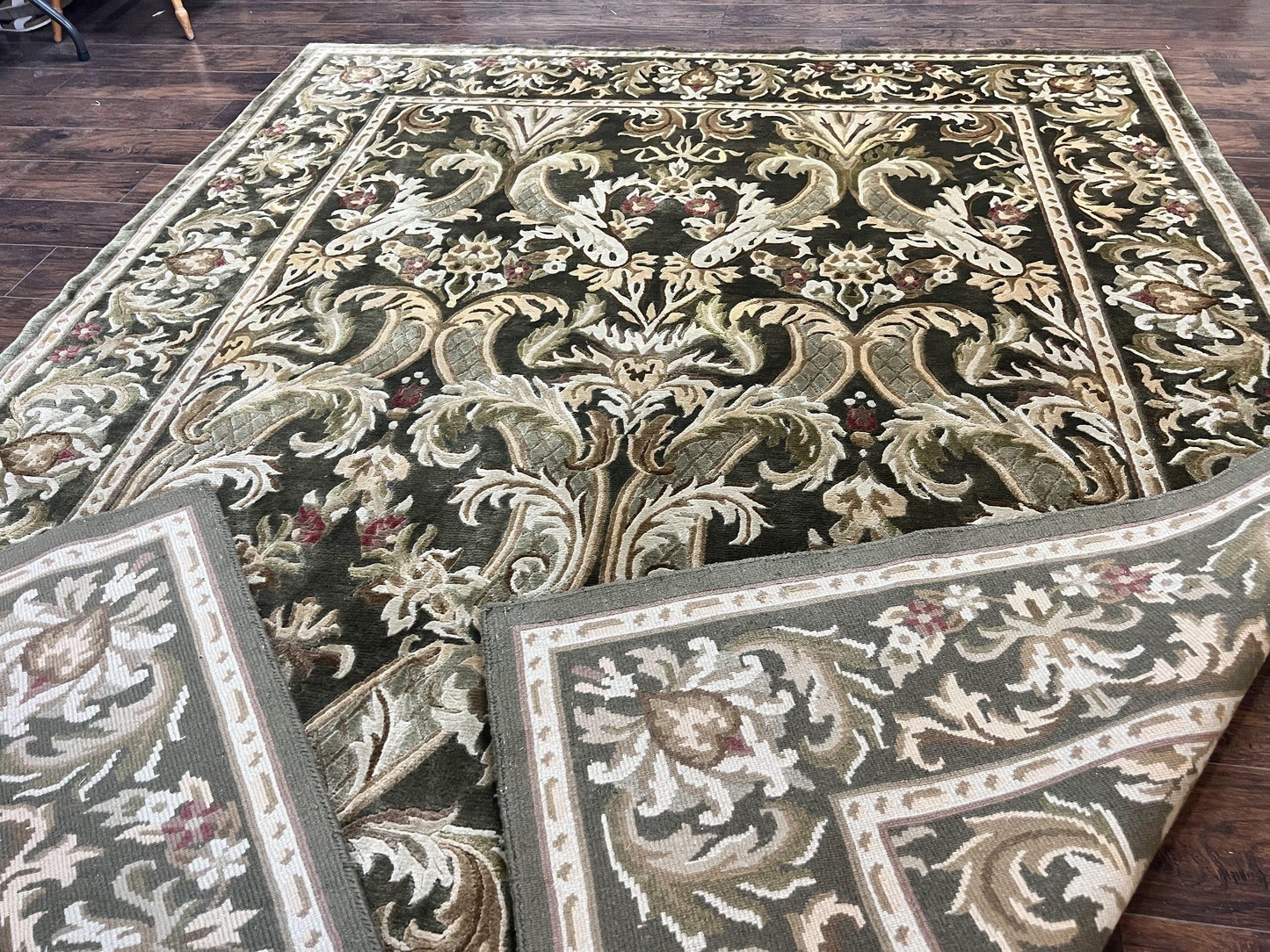 Tibetan Rug 8x10, European Design, Floral, Green, Handmade, Wool, Nepali Rug - Nuvé