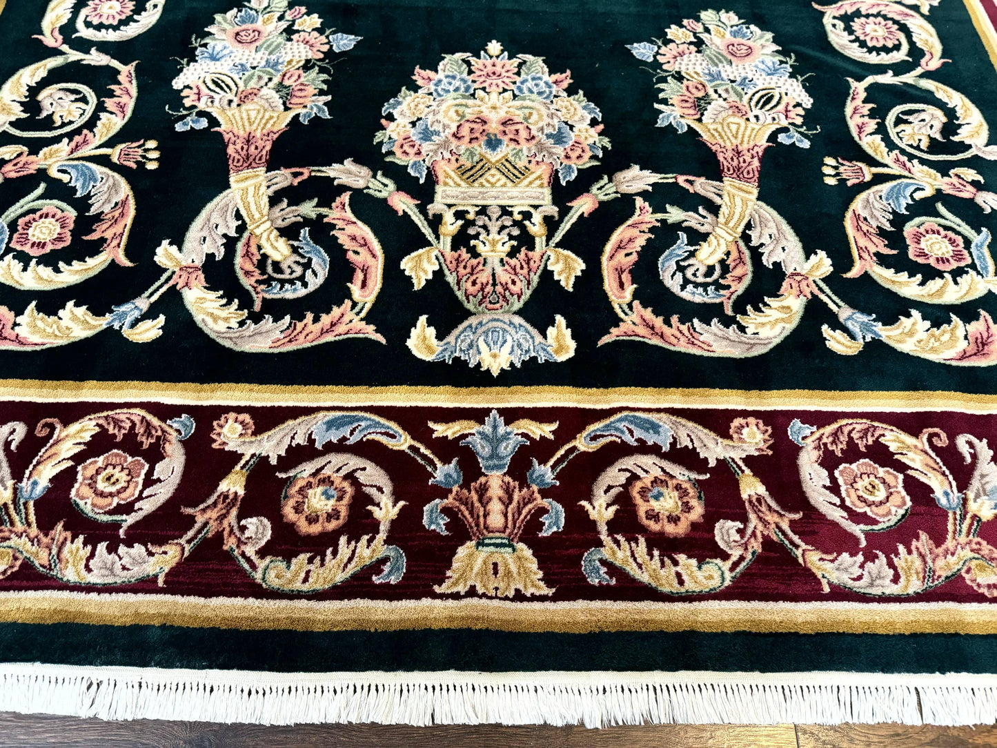Aubusson Rug 9x12, Dark Green, European Design, Vintage Fine Handmade Carpet, Elegant - Nuvé
