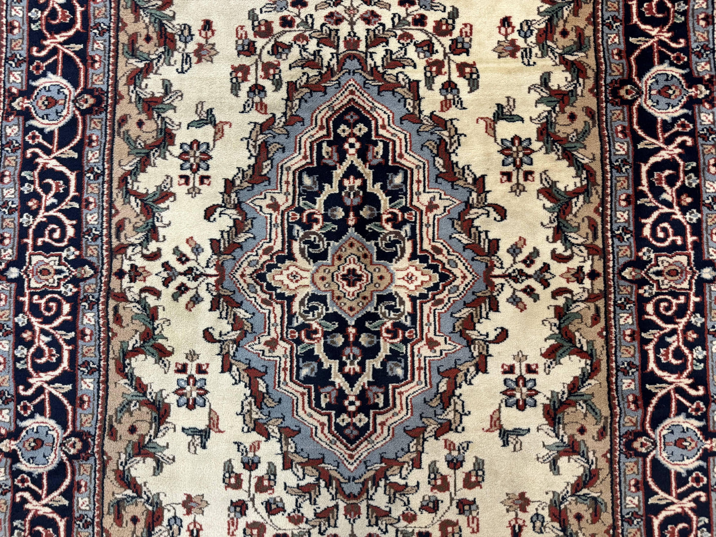 Indian Kashmiri Rug 4x6, Ivory Beige Navy Blue, Traditional Indo Persian Rug - Nuvé