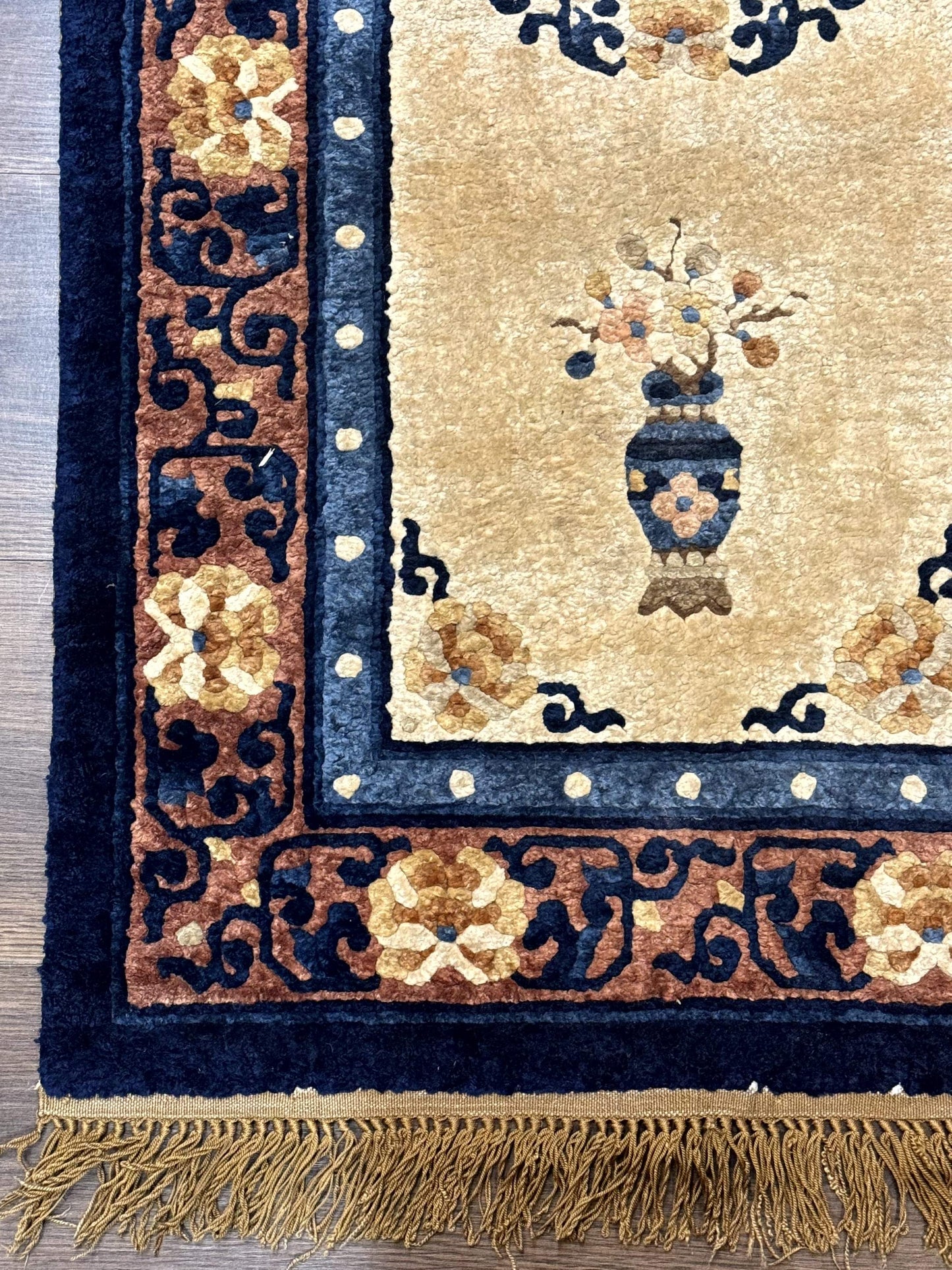 Silk Chinese Rug 2x4, Peking Carpet, Golden-Beige and Blue, Hand Knotted, Simple Design - Nuvé
