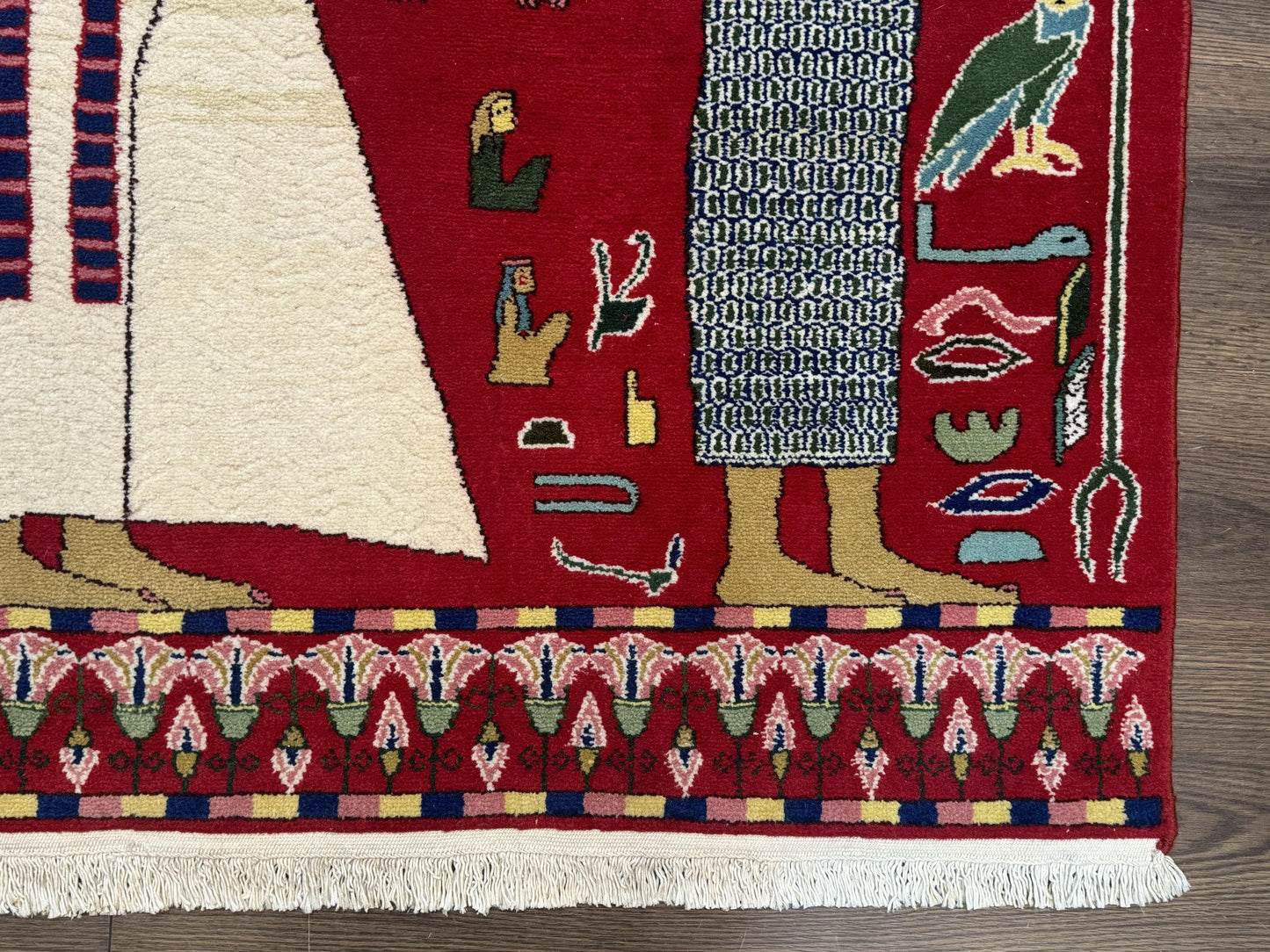 Egyptian Pictorial Rug 3x4, Hieroglyphic Pictorial Rug, Egyptian Prince and Princess, Cleopatra, Vintage Handmade, Red - Nuvé