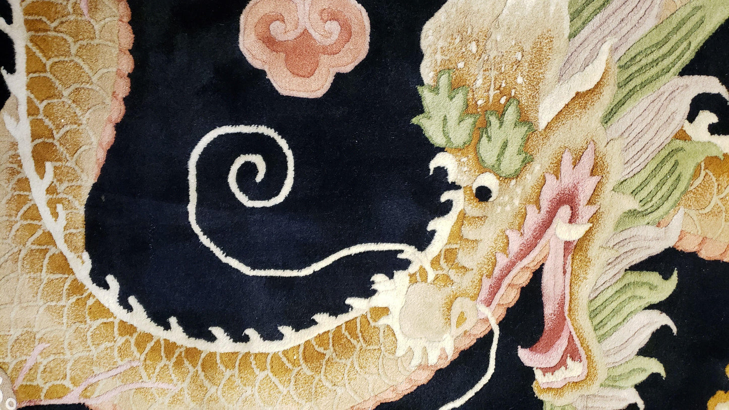Rare Antique Chinese Art Deco Rug 6x9 with Dragon, Black Chinese Carpet 6 x 9, Hand Knotted Wool Area Rug - Nuvé
