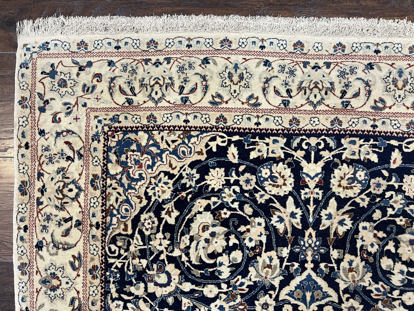 Very Fine Persian Nain Rug 3.7 x 6, Floral Medallion, Wool and Silk Accents, Highly Detailed, Hand Knotted Oriental Carpet, Navy Blue Ivory/Cream - Nuvé