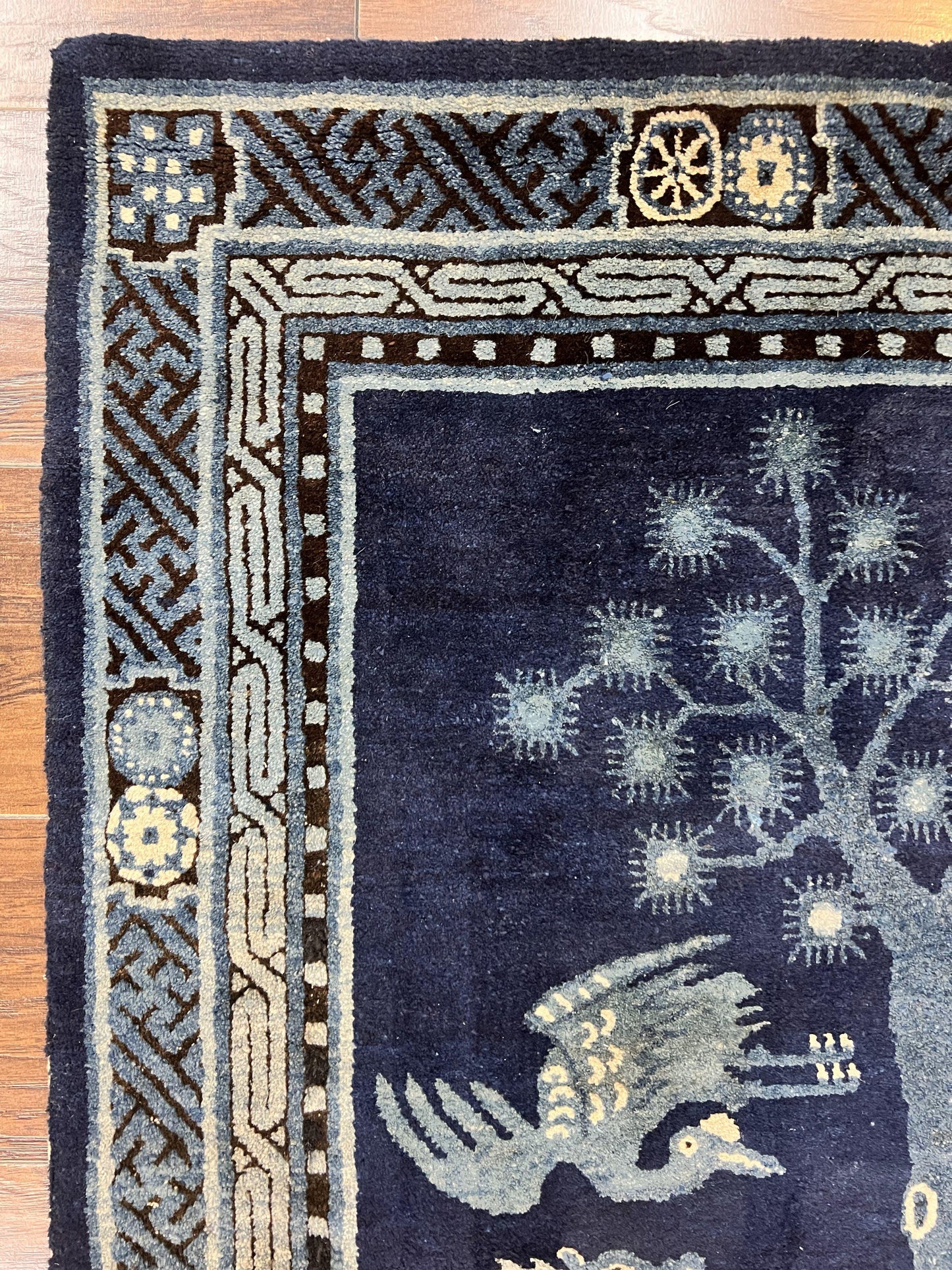 Antique Chinese Peking Rug 3x5, Dark Blue Chinese Wool Rug 3 x 5, Animal Pictorials Deer Birds, Handmade Asian Oriental Chinese Carpet - Nuvé