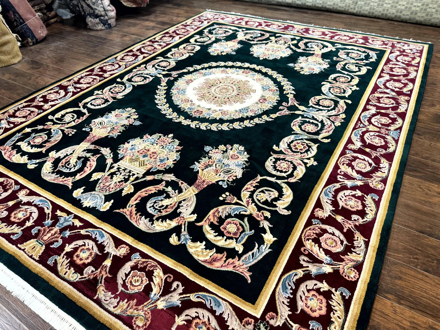 Aubusson Rug 9x12, Dark Green, European Design, Vintage Fine Handmade Carpet, Elegant - Nuvé