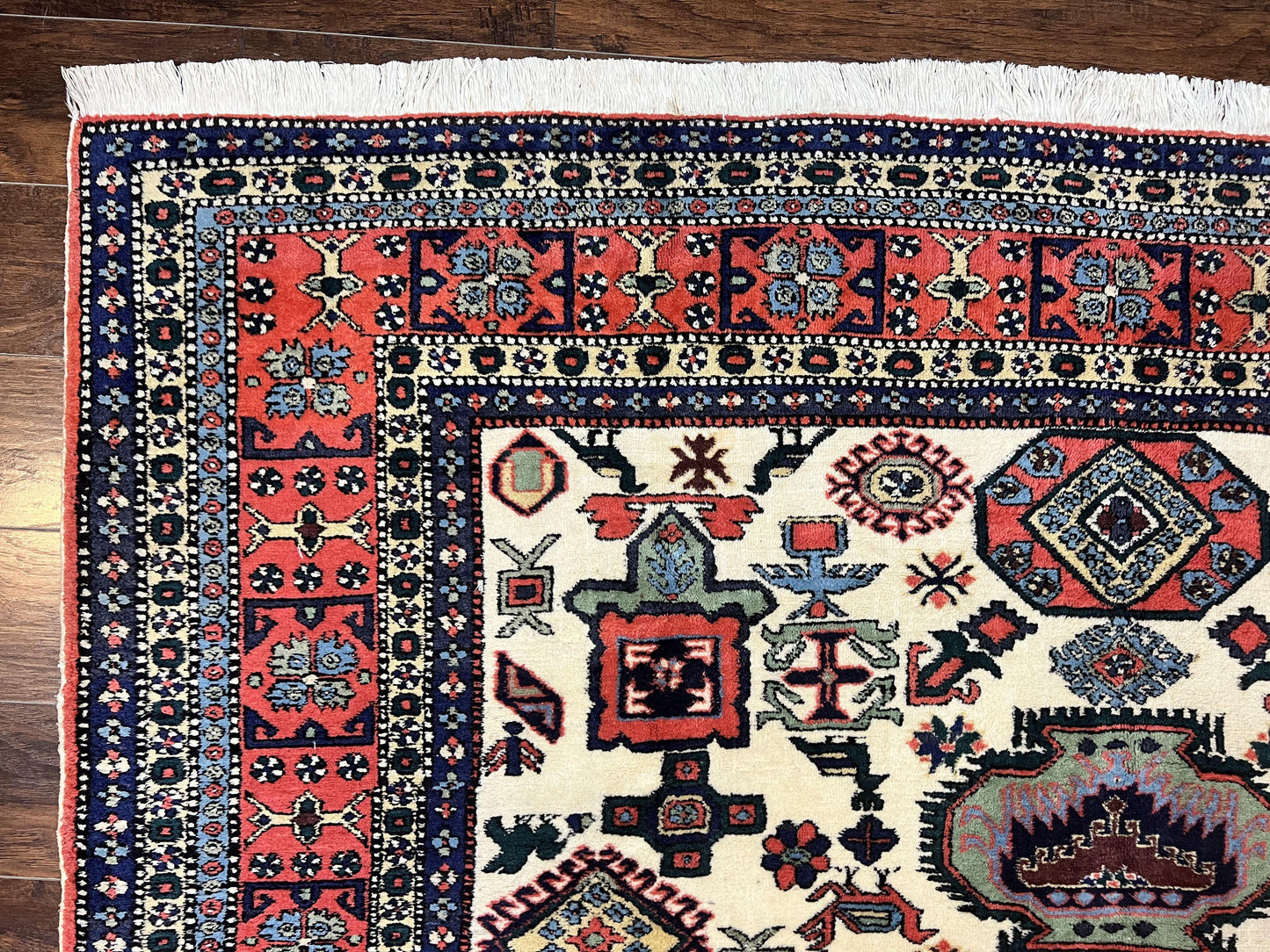 Persian Tribal Rug 8x11, Persian Ardabil Rug, Geometric Medallion Animal Pictorial Rug, Ivory Red Blue, Hand Knotted Vintage Wool Carpet - Nuvé