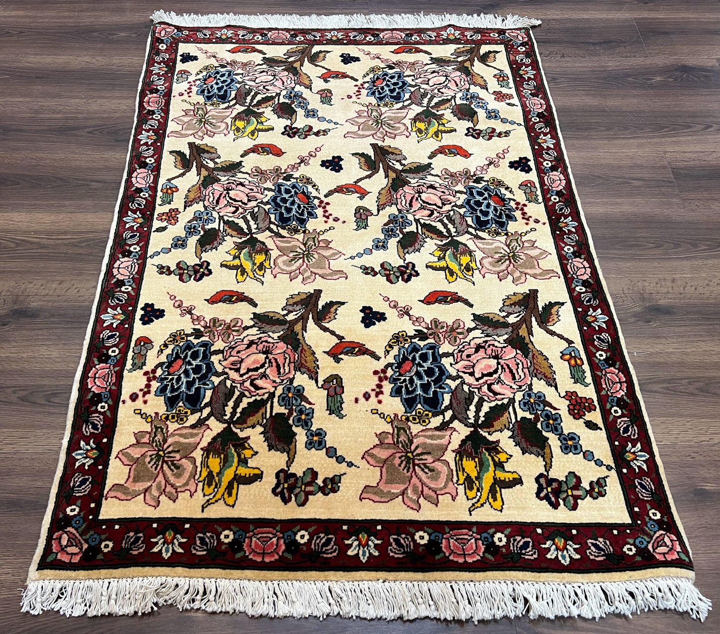 Persian Bidjar Rug 3.6 x 5 ft, Repeated Floral Motifs, Roses and Birds, Cream Burgundy, Fine Wool Oriental Bijar Carpet, Vintage Traditional Area Rug - Nuvé