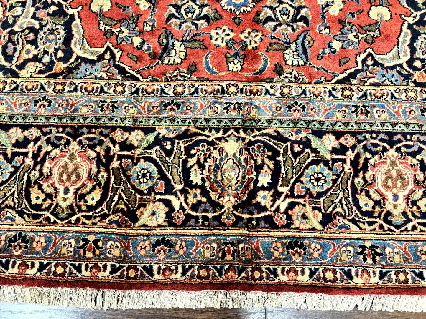 Red Persian Kashan Rug 10x14, Hand-Knotted Semi Antique Floral Medallion Handmade Wool Carpet, Red & Navy Blue - Nuvé