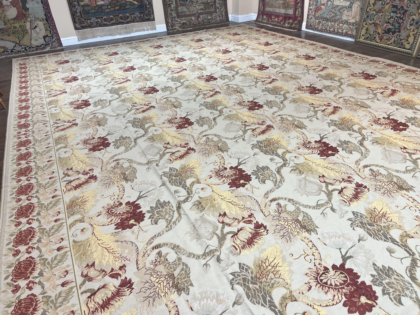 Extra Large Needlepoint Rug 14 x 20, Vintage Handwoven Handmade Wool Flatweave Carpet, Allover Floral Pattern, Elegant European Deisgn Rug - Nuvé