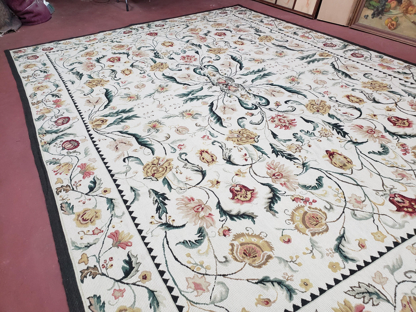 New Needlepoint Rug 9x12, Hand Woven Wool Area Rug, Flatweave Carpet, Handmade Chinese Needlepoint, Floral European Design, Ivory Background - Nuvé