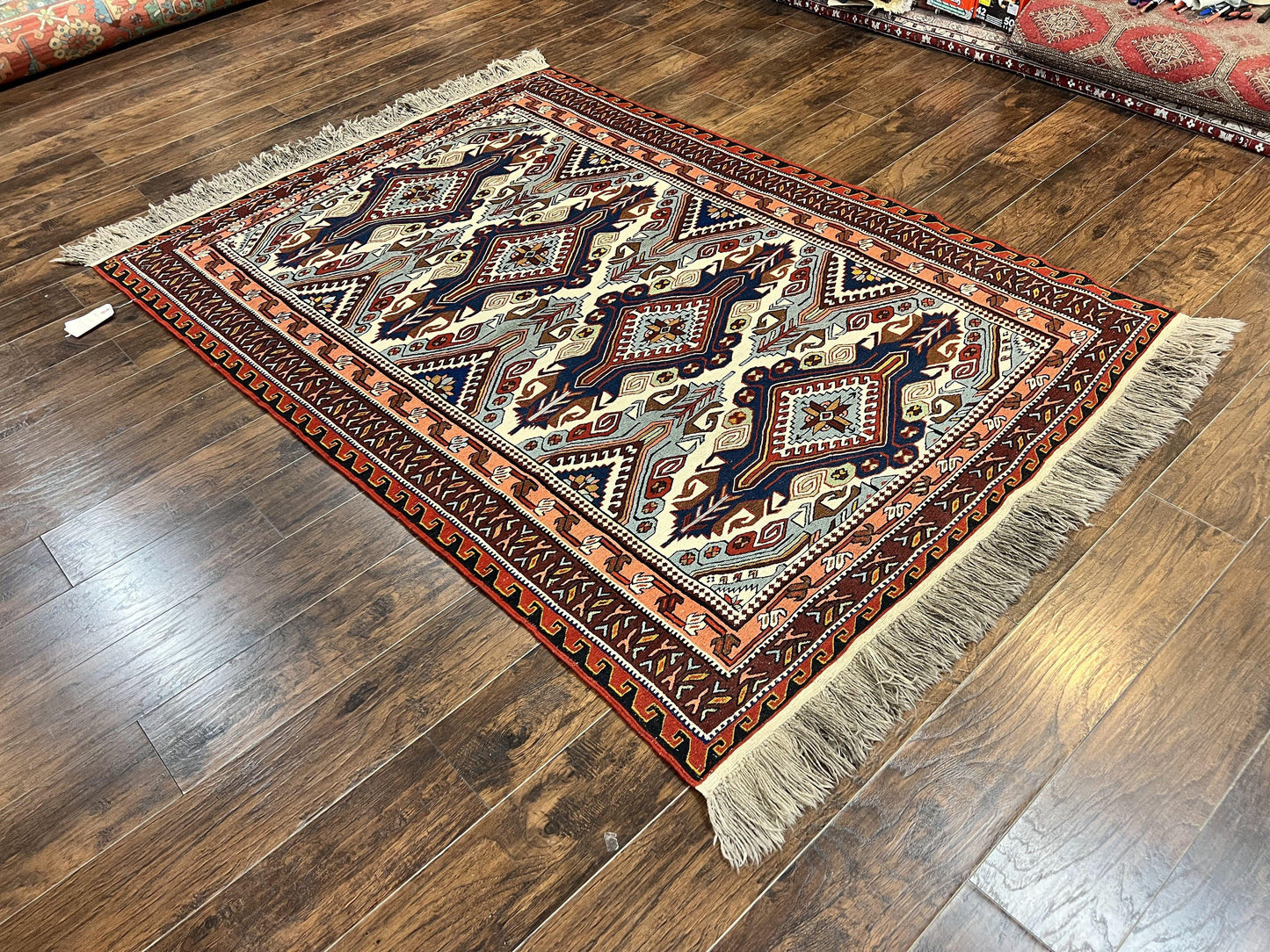 Russian Soumak Rug 6x8, Wool Handmade Antique Kilim Carpet, Multicolor 6 x 8 Geometric Medallions Caucasian Rug, Medium Size - Nuvé