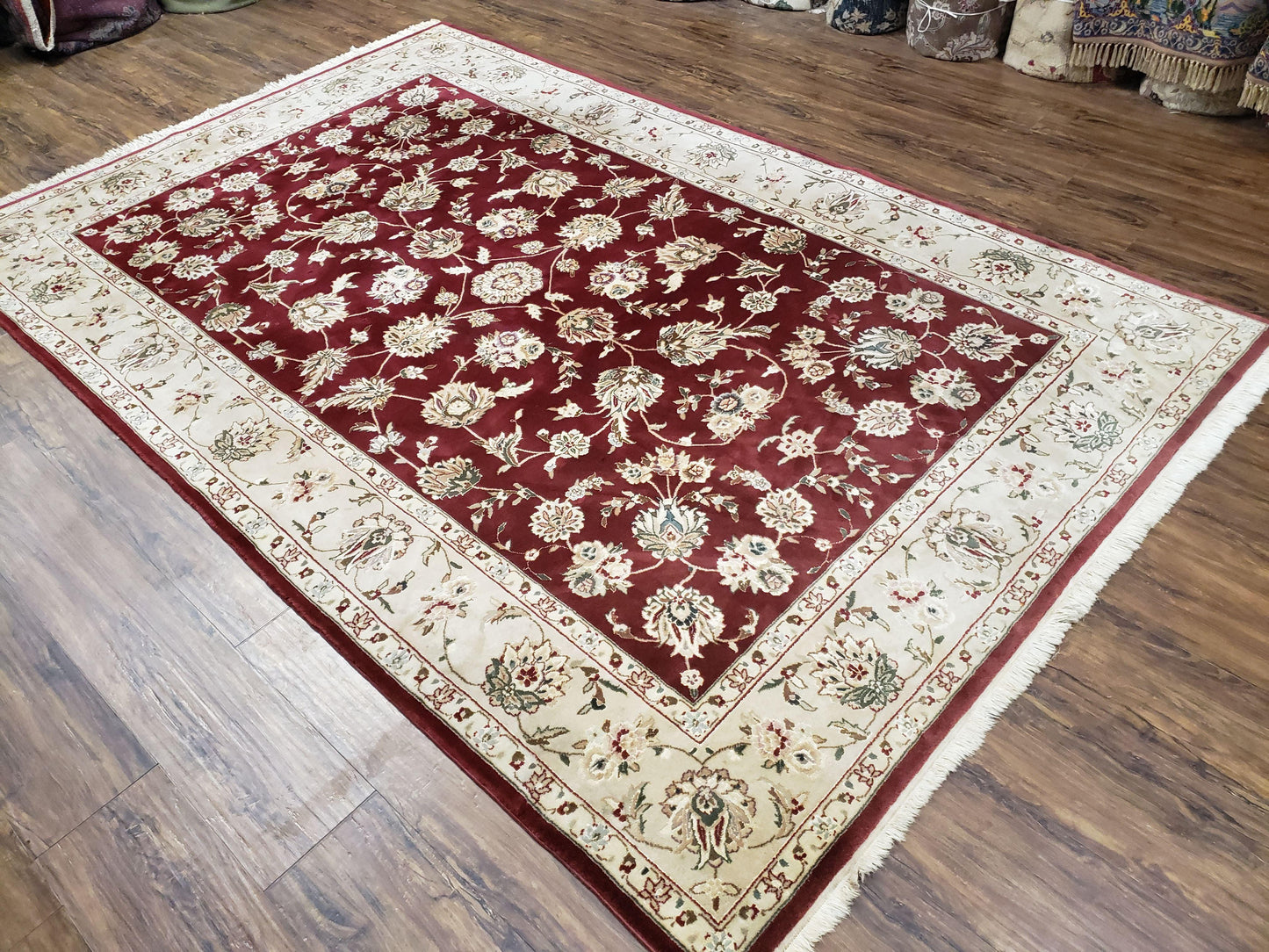 Vintage Traditional Oriental Area Rug, Hand-Knotted, Wool & Silk Accents, Maroon Red and Beige, 6x9 Carpet, 5' 9" x 9' - Nuvé