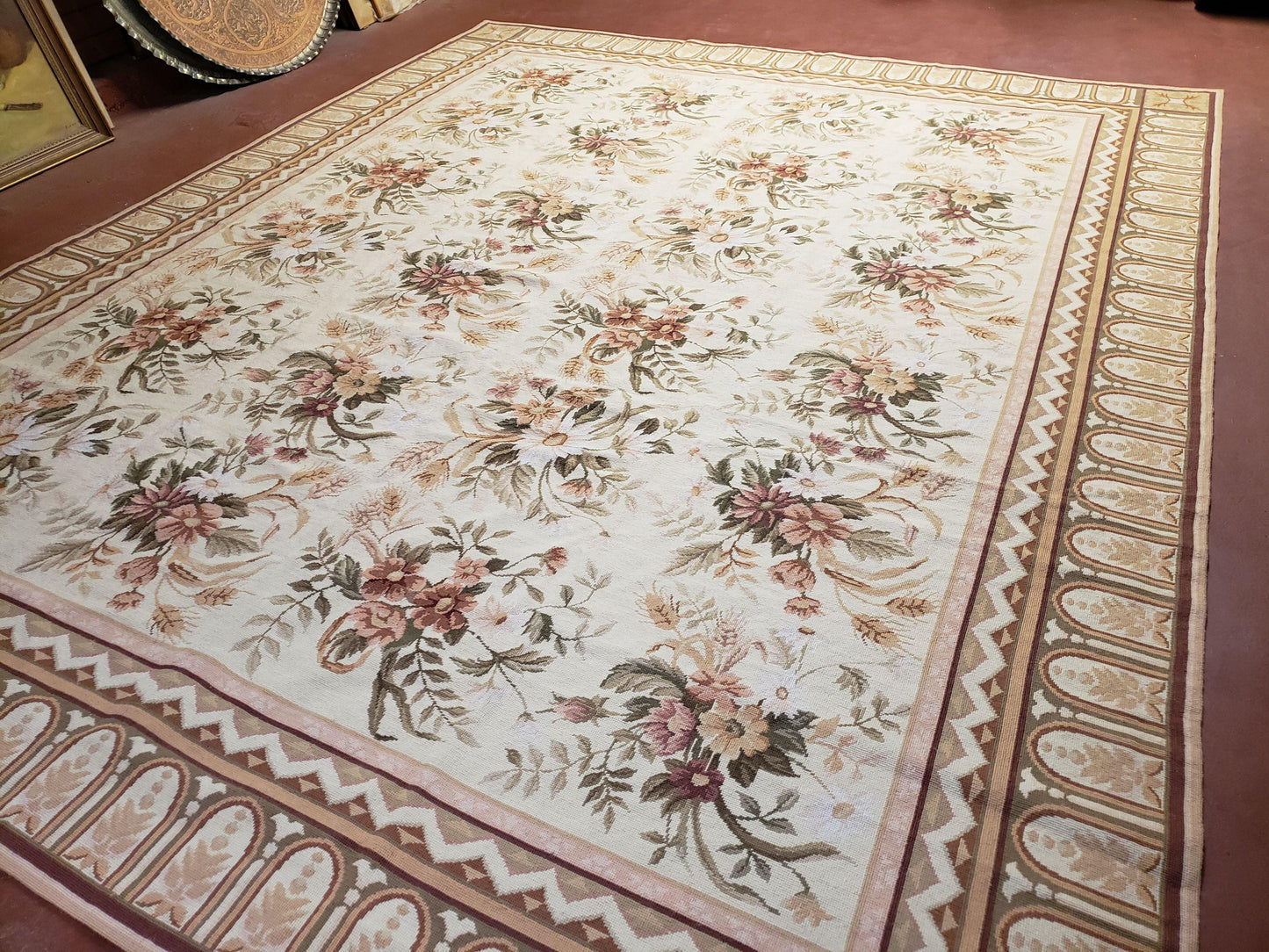Needlepoint Rug 8x10 Aubusson Rug Victorian Floral Rug Handmade French Style French Decor Garden Panel Beige 8 x 10 Area Rug 100% Wool - Nuvé