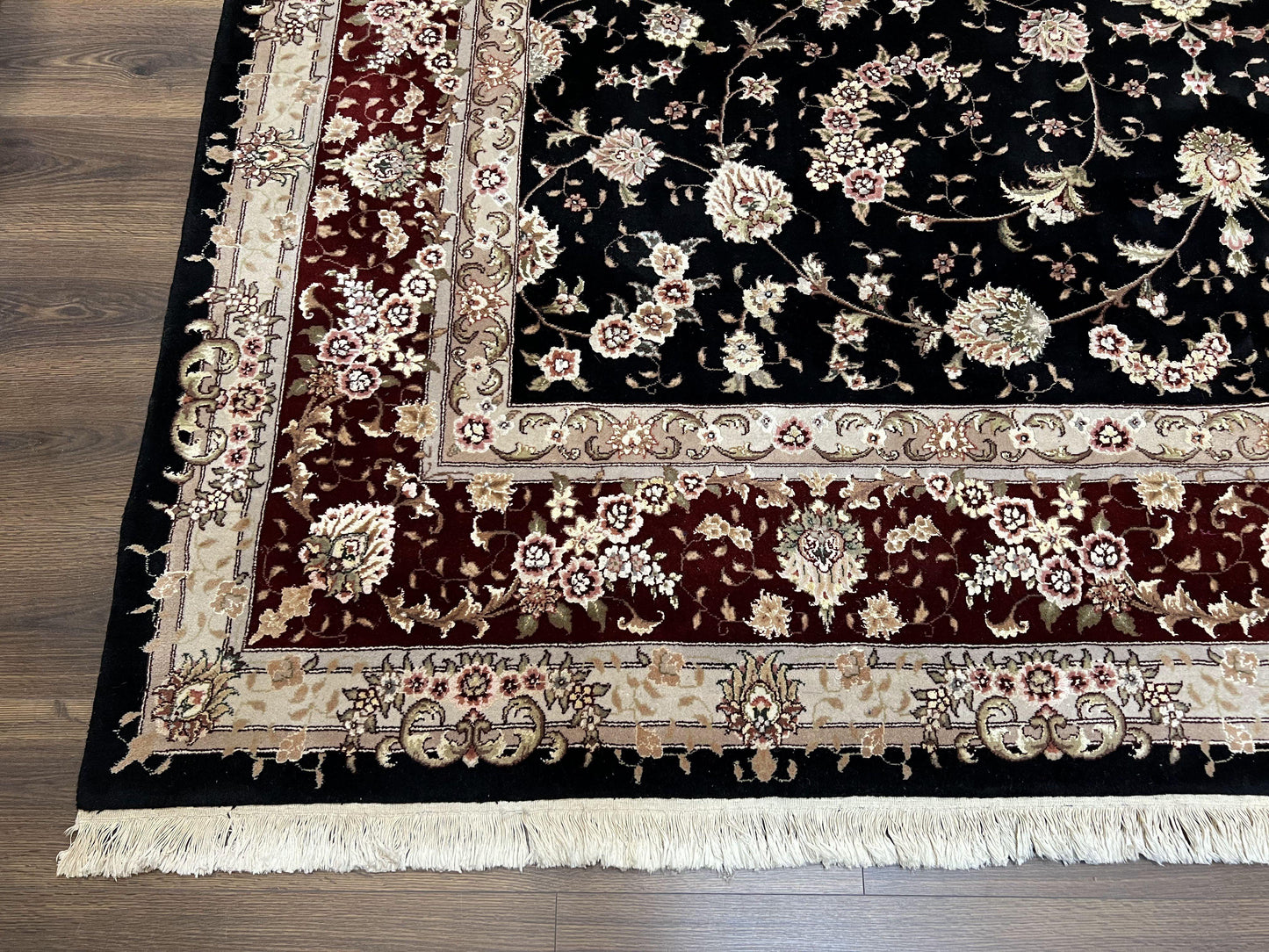 Sino Persian Rug 9x12, High Quality Oriental Carpet, Black and Maroon, Wool and Silk, Allover Floral Pattern, Hand Knotted, Vintage Rug Nice - Nuvé